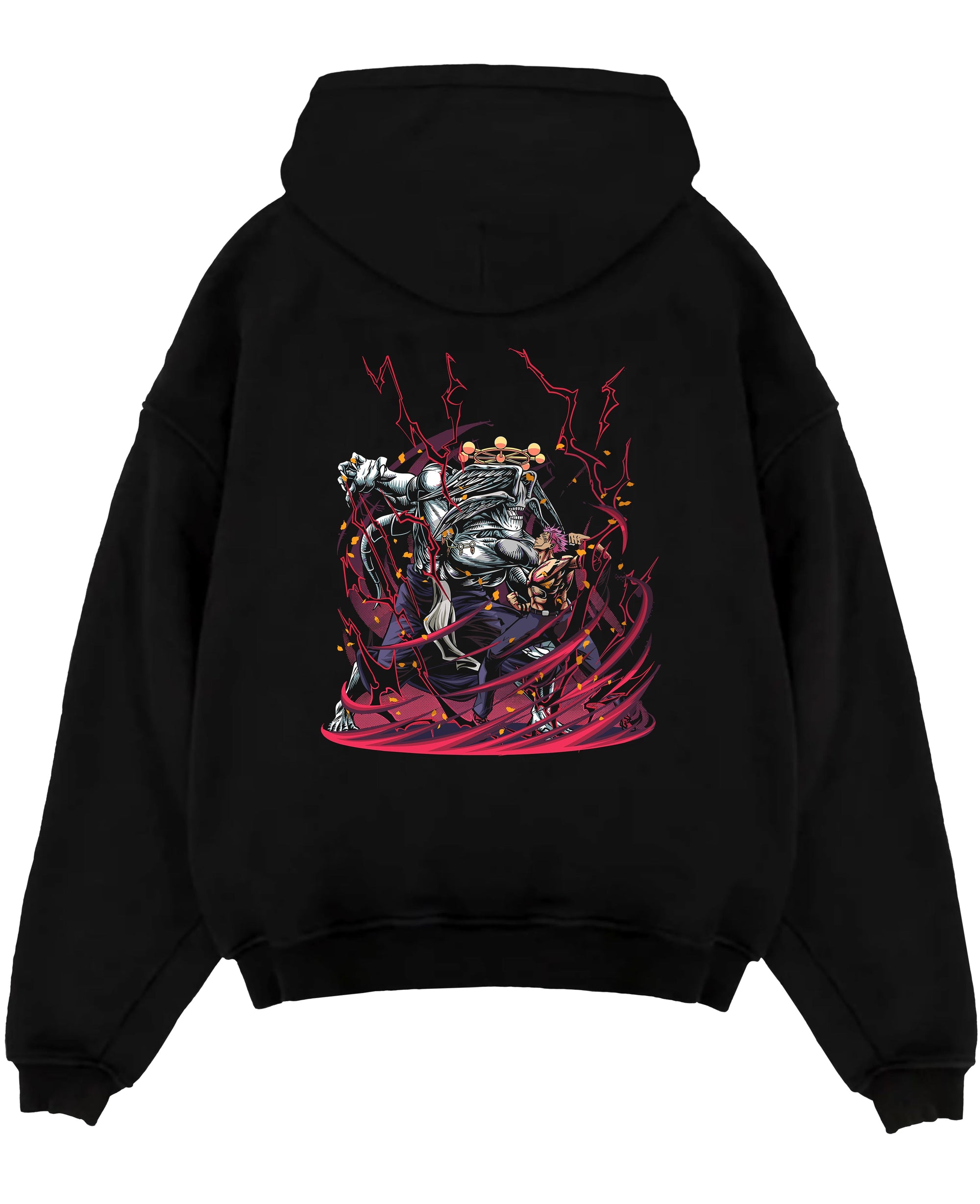 Black pullover hoodie laid flat on white, featuring Jujutsu Kaisen Sukuna vs Mahoraga battle graphic with red lightning and swirling energy.
