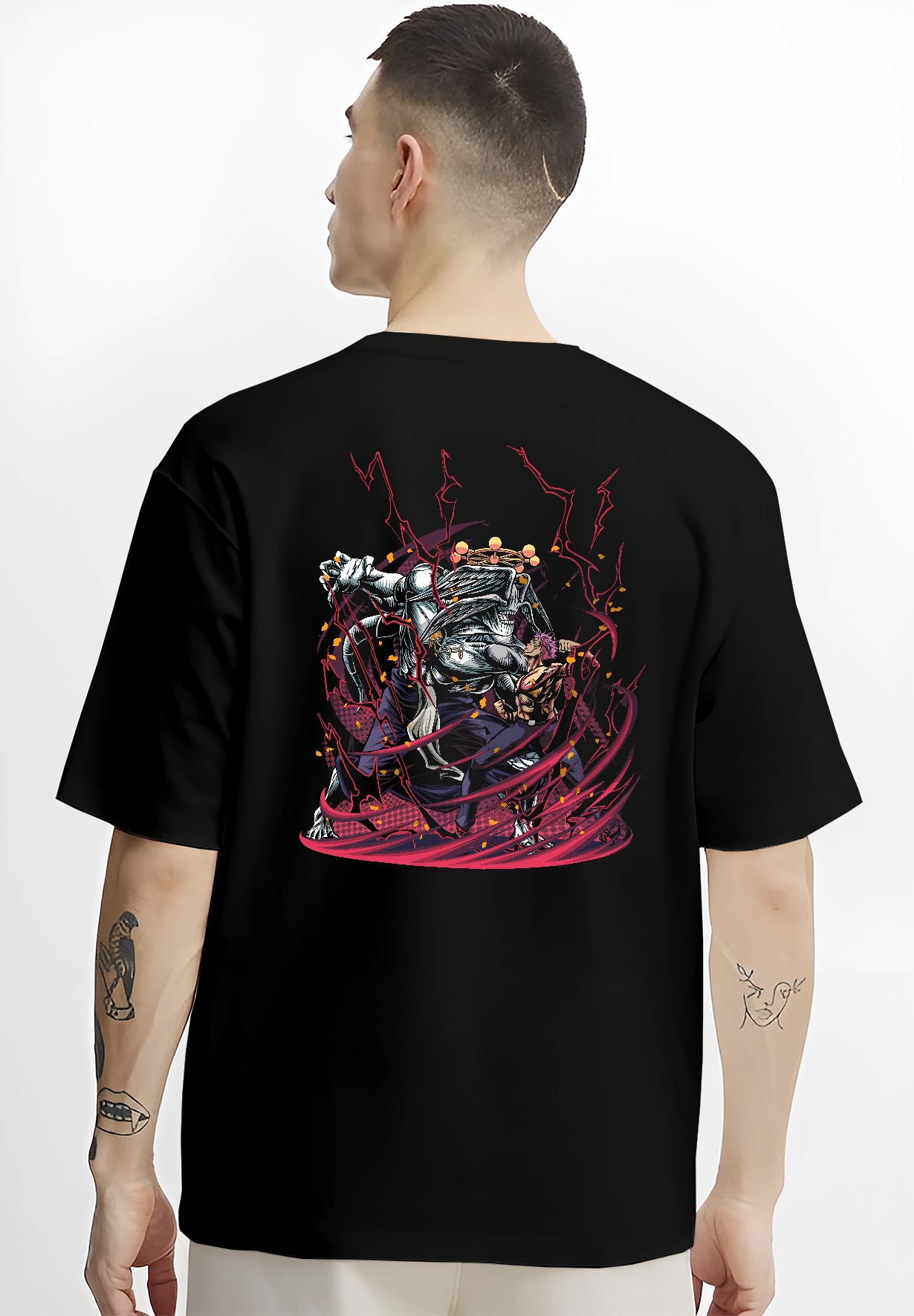 Black T-shirt on male model, back view, Jujutsu Kaisen Sukuna vs Mahoraga fight scene with crackling red lightning effects.