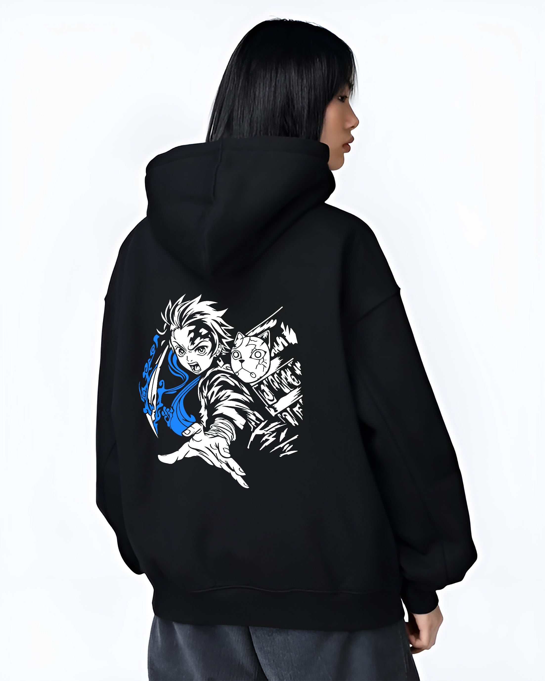 Black hoodie on female model, back view, Tanjiro Demon Slayer design with fox mask and sweeping blue water slash retro manga