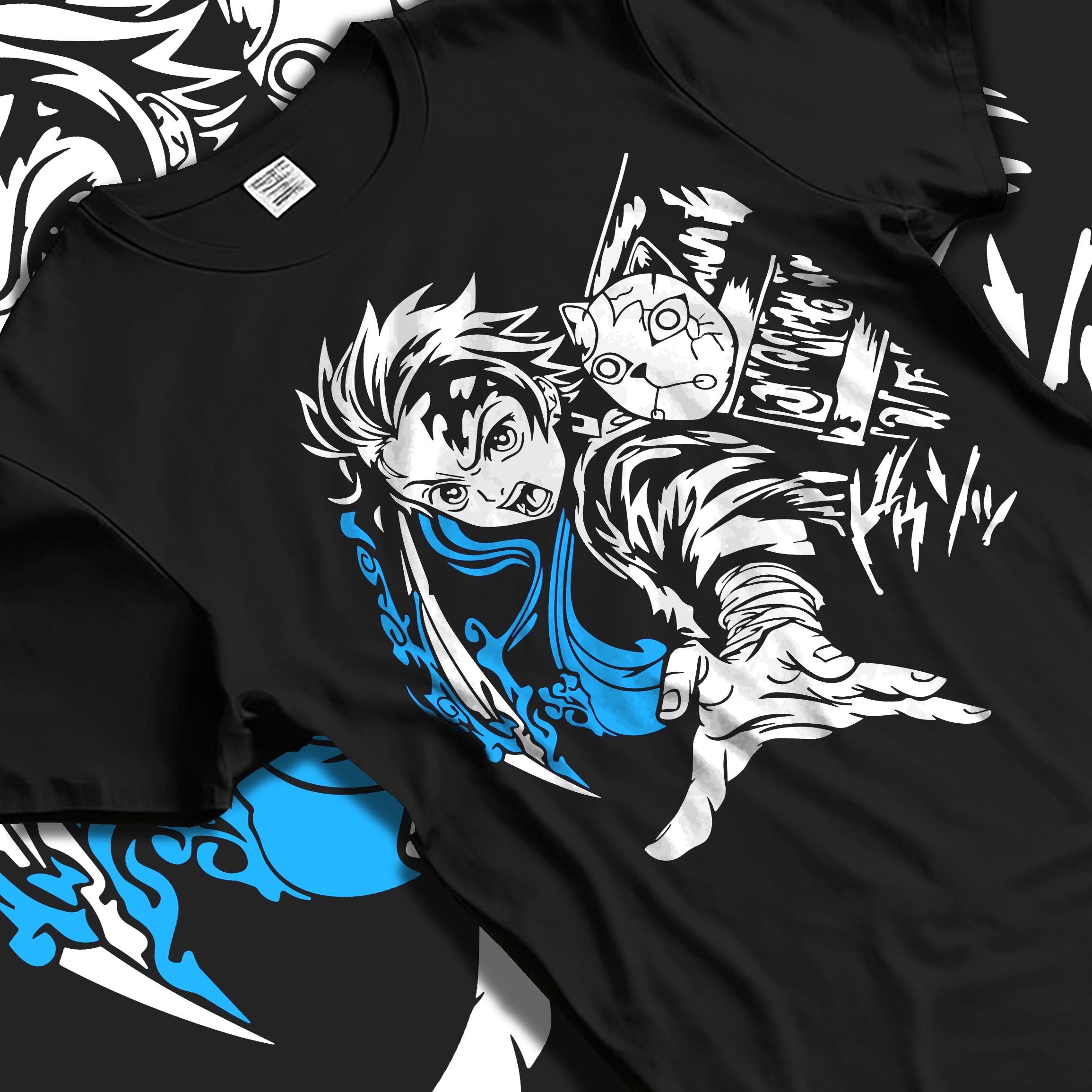 Black T-shirt laid flat with soft folds, featuring Tanjiro Demon Slayer blue water slash and fox mask retro manga artwork.