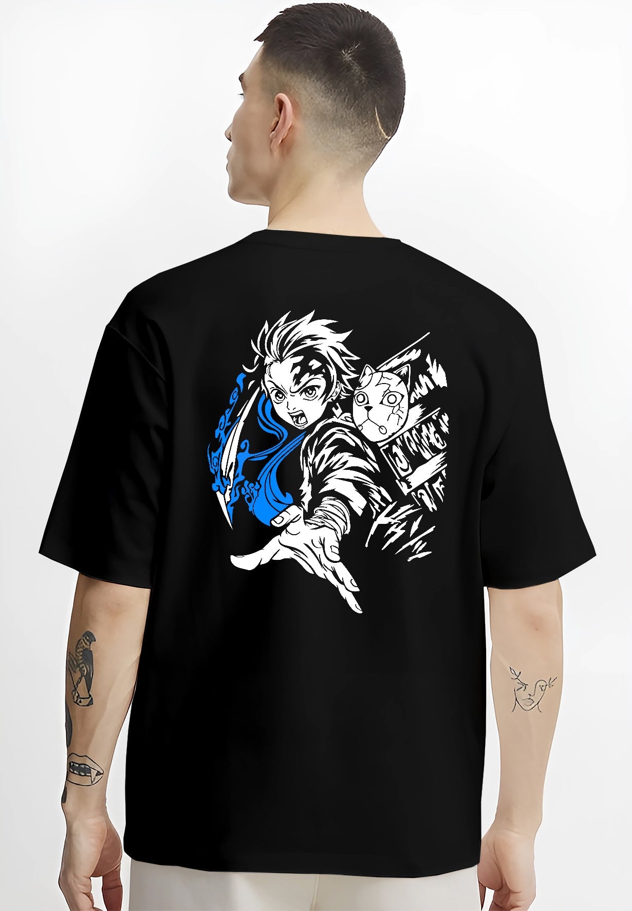 Black T-shirt on male model, back view, Tanjiro with fox mask and blue water breathing slash, retro manga graphic.
