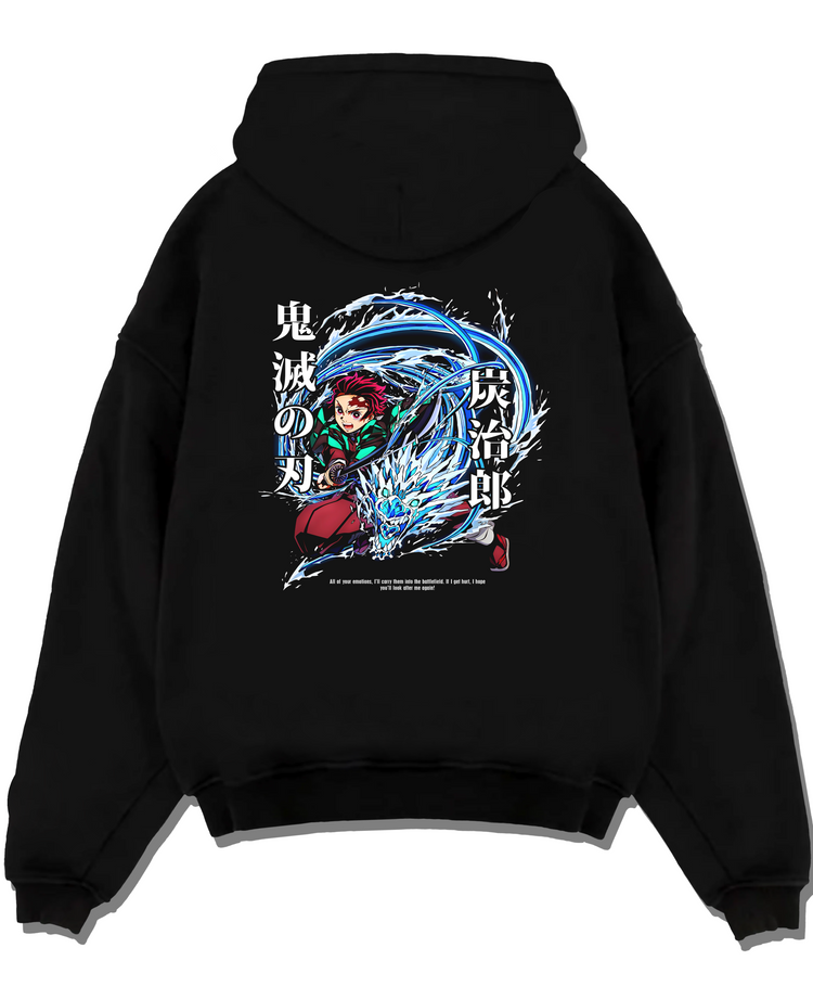 Black pullover hoodie laid flat on a white background, featuring Demon Slayer Tanjiro Kamado anime poster inspired design with Water Breathing wave and manga artwork.