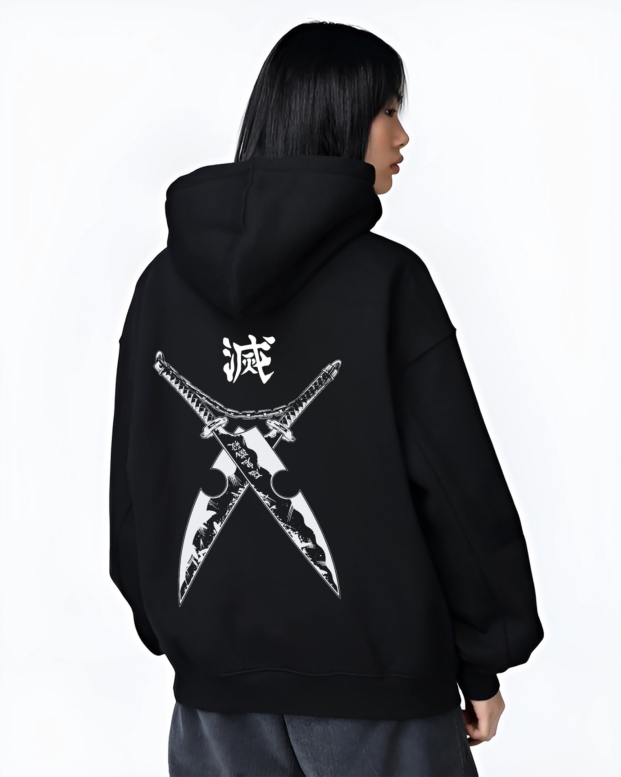 Black hoodie on female model, back view, Tengen Uzui Demon Slayer crossed blade artwork with bold kanji and minimalist streetwear feel.