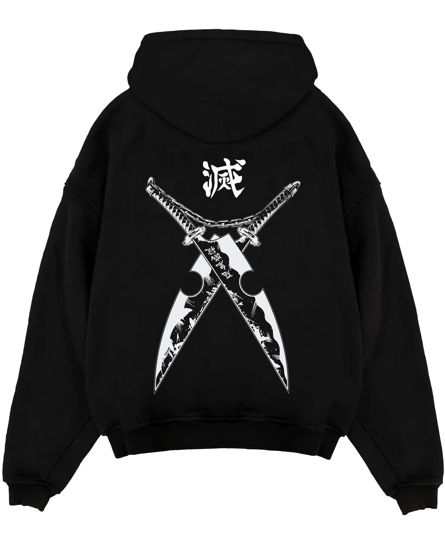 Black pullover hoodie laid flat on white, featuring Tengen Uzui Demon Slayer crossed dual blades graphic with bold kanji emblem.
