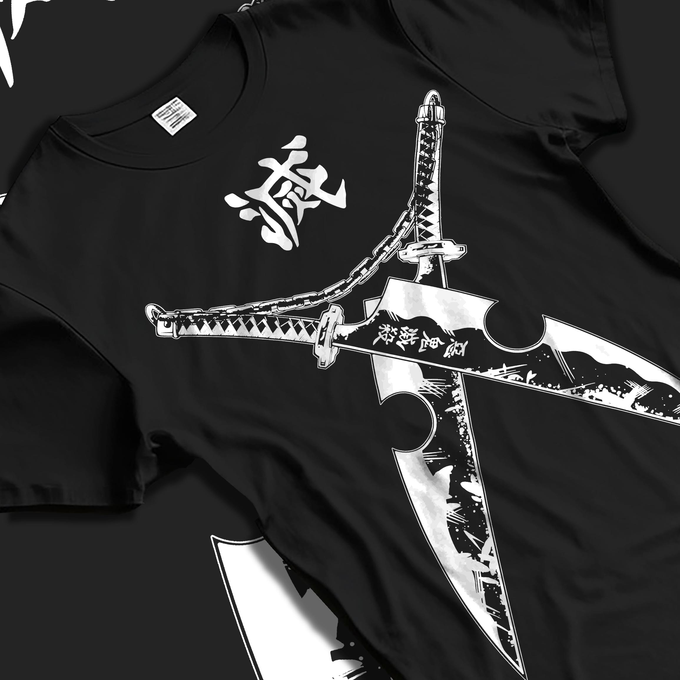Black T-shirt laid flat with soft folds, featuring Tengen Uzui Demon Slayer crossed blades and kanji emblem, clean manga-inspired design.