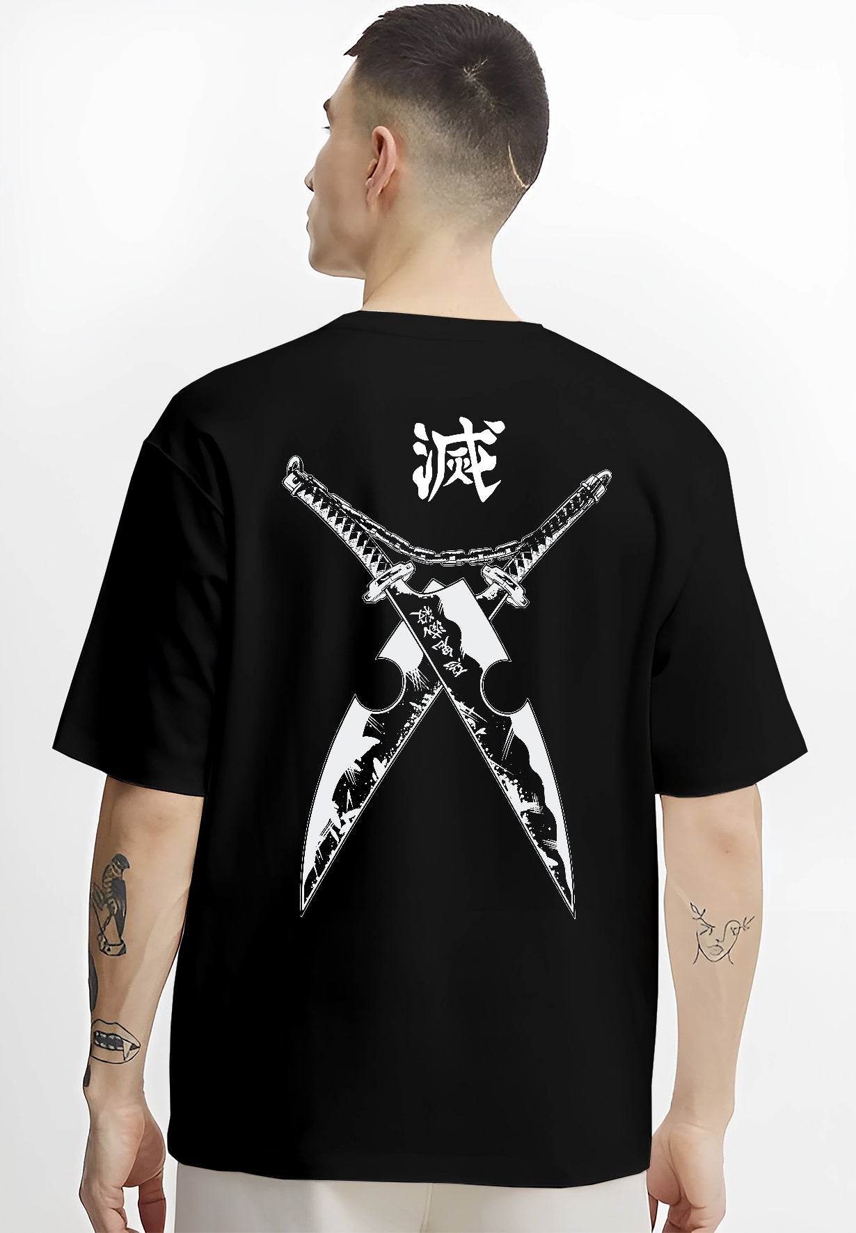 Black T-shirt on male model, back view, Tengen Uzui Demon Slayer crossed swords graphic with kanji crest, monochrome retro manga look.