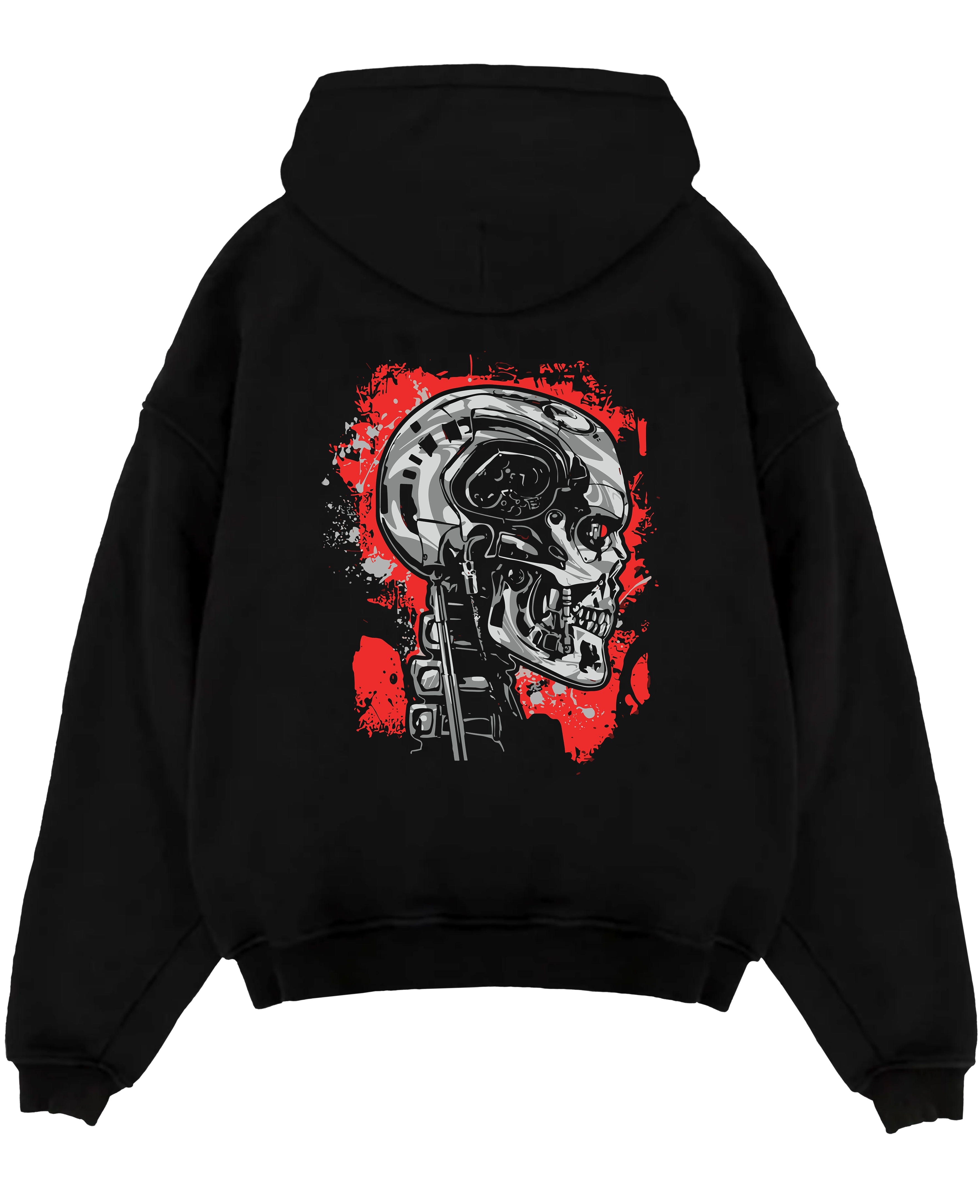 Black pullover hoodie laid flat, featuring Terminator T-800 retro mecha skull graphic with gritty neo-noir film vibe.