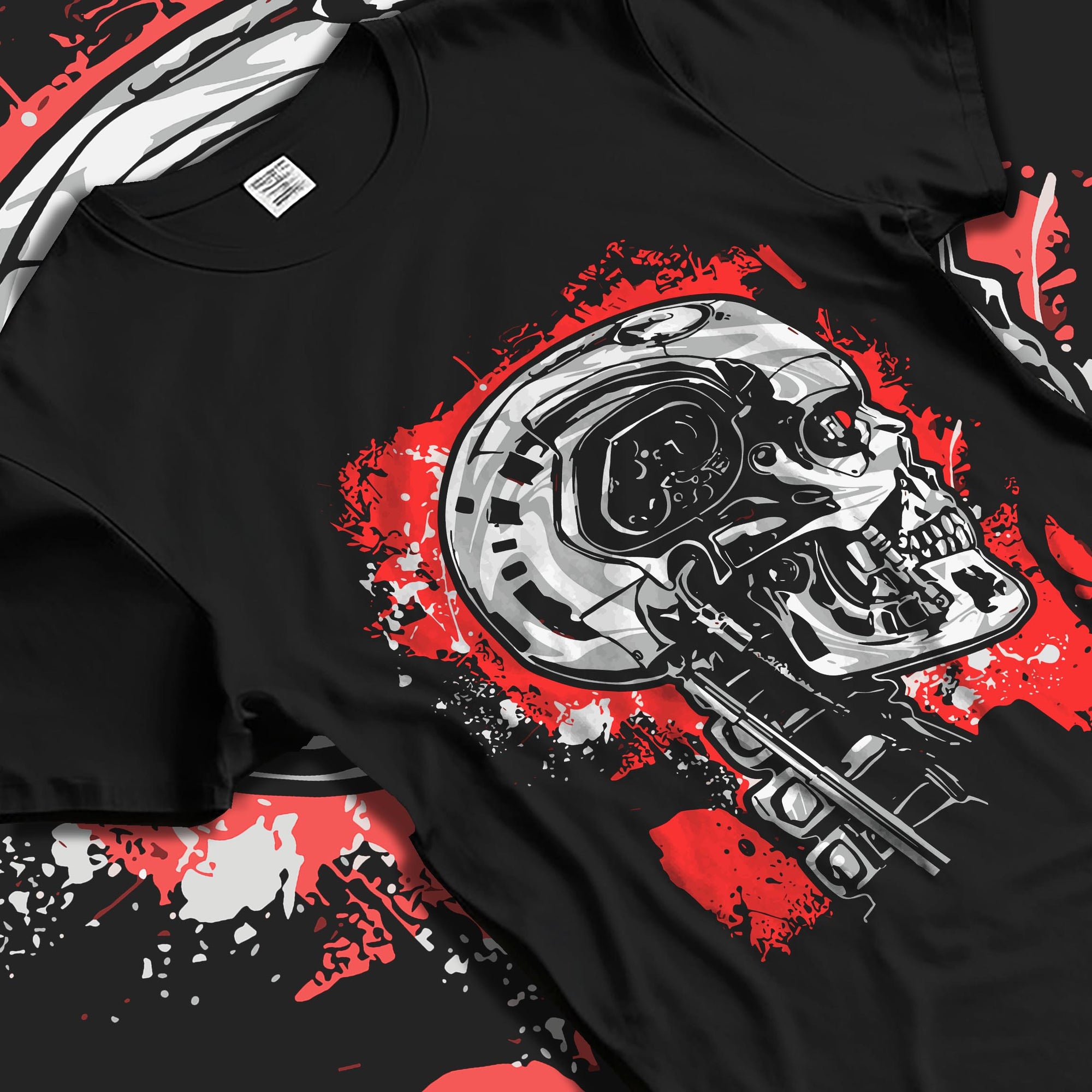 Black T-shirt laid flat with natural folds, featuring Terminator T-800 skull, retro mecha graphic with neo-noir vibe.