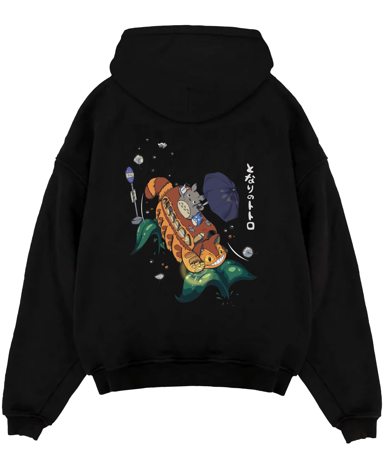 Black pullover hoodie laid flat on white, featuring Totoro riding Catbus retro manga graphic with umbrella, leaf waves, and soot sprites.