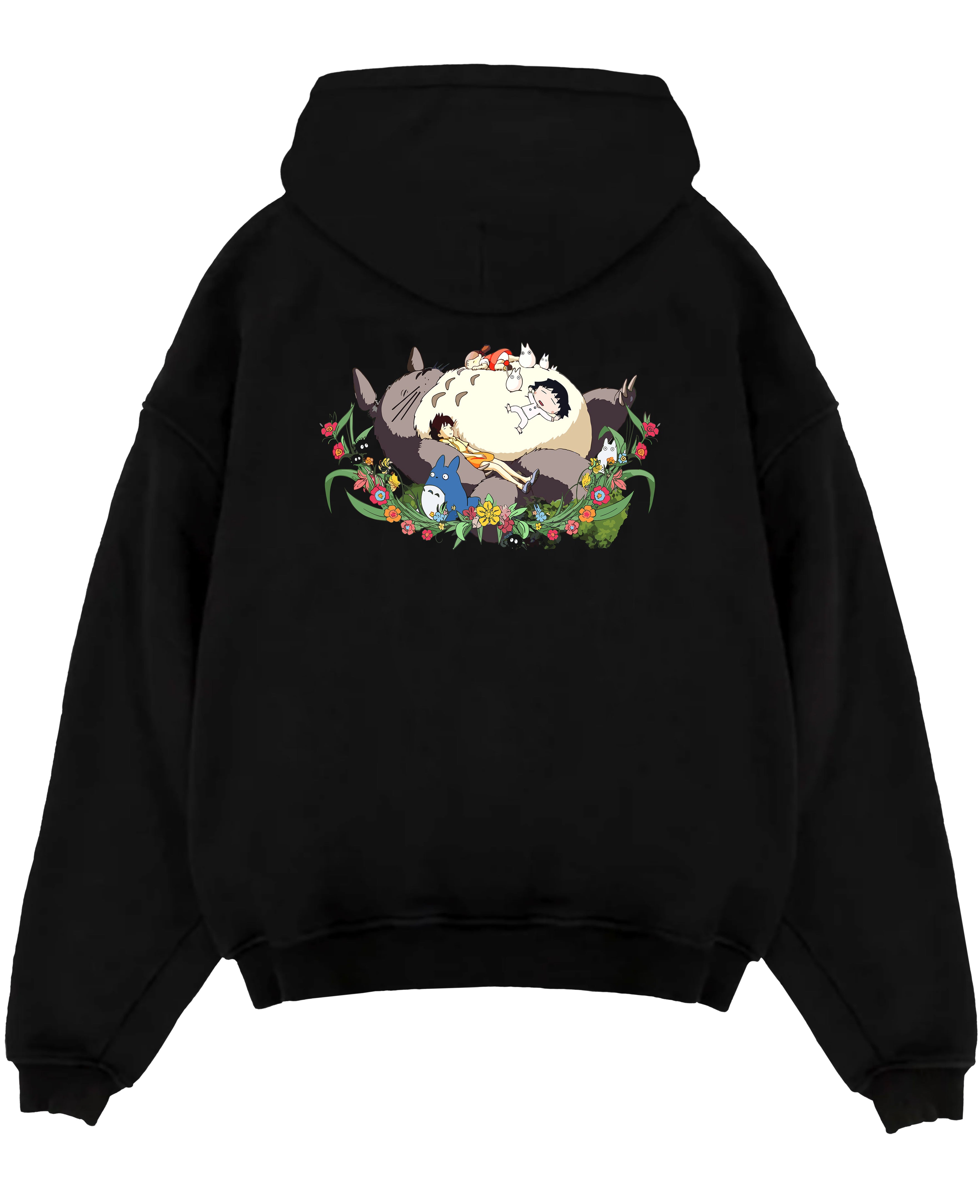 Black pullover hoodie laid flat on white background, featuring Totoro nap scene with friends, nostalgic 90s floral Japanese animation streetwear.