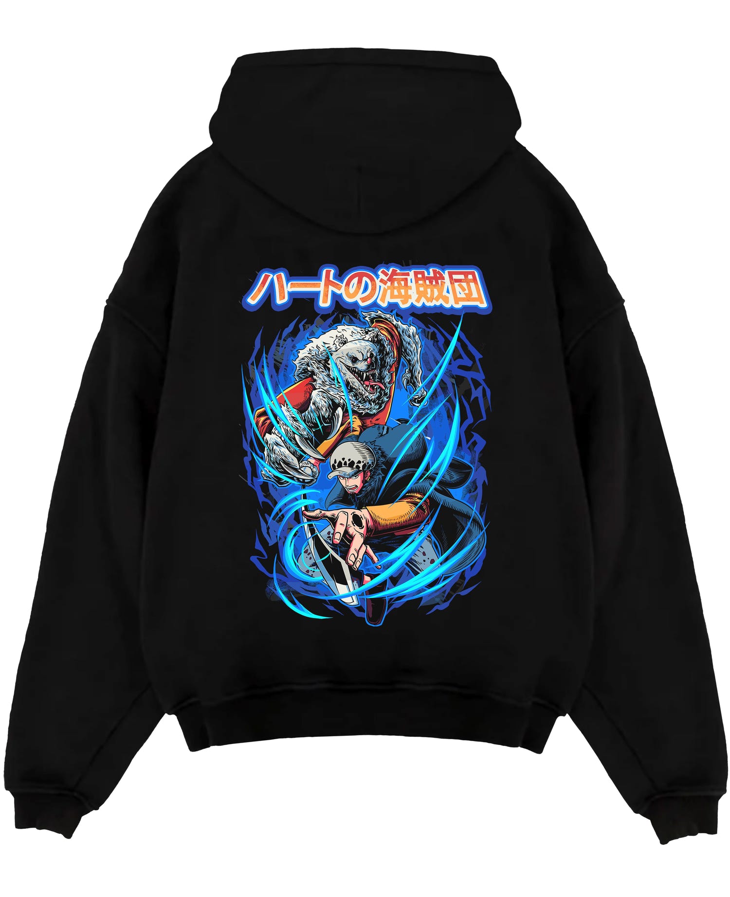 Black pullover hoodie laid flat, featuring One Piece Trafalgar Law and Bepo graphic with blue energy swirls and retro manga styling.