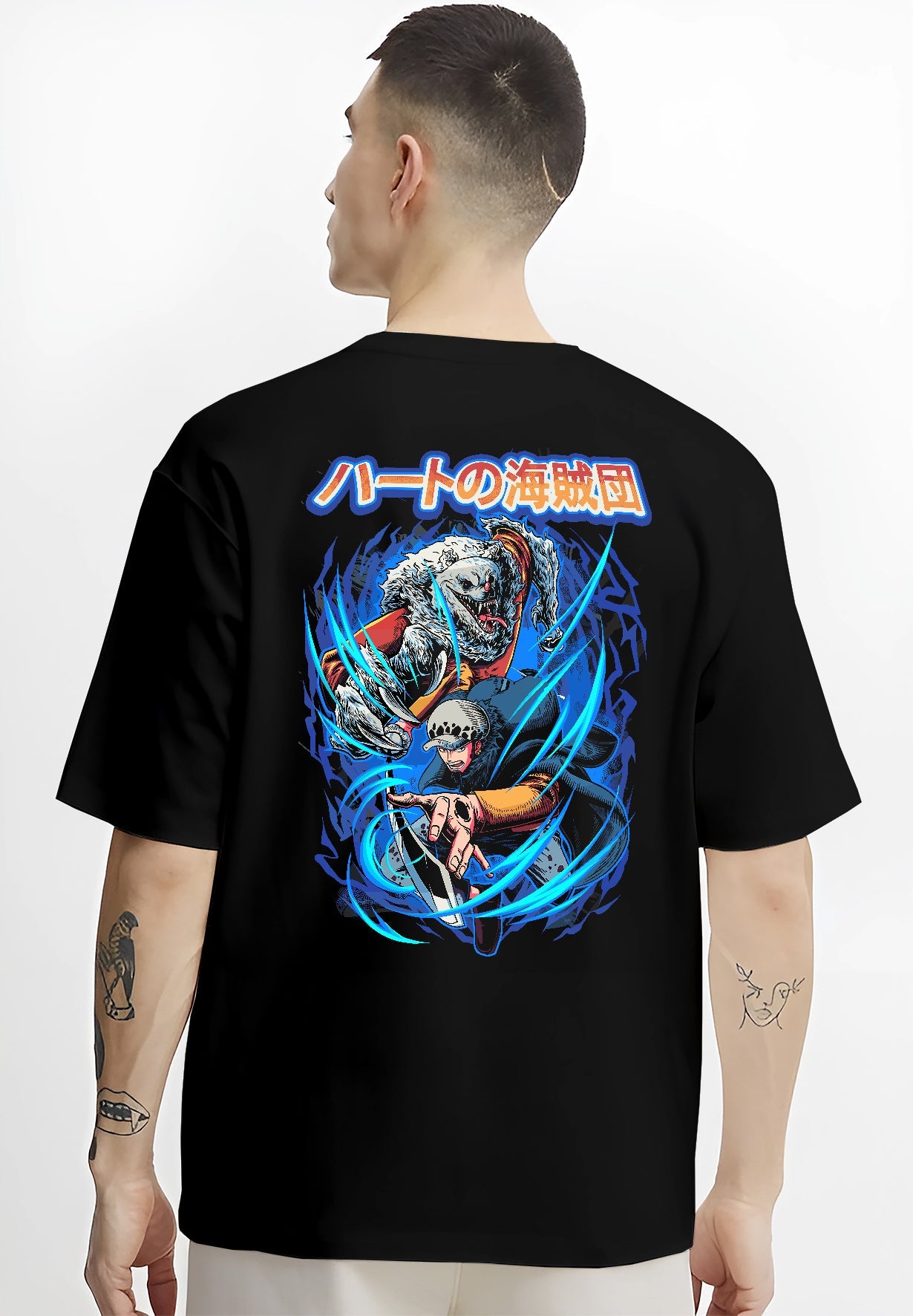 Black T-shirt on male model, back view, One Piece Trafalgar Law with Bepo anime poster graphic and sweeping blue energy effects.