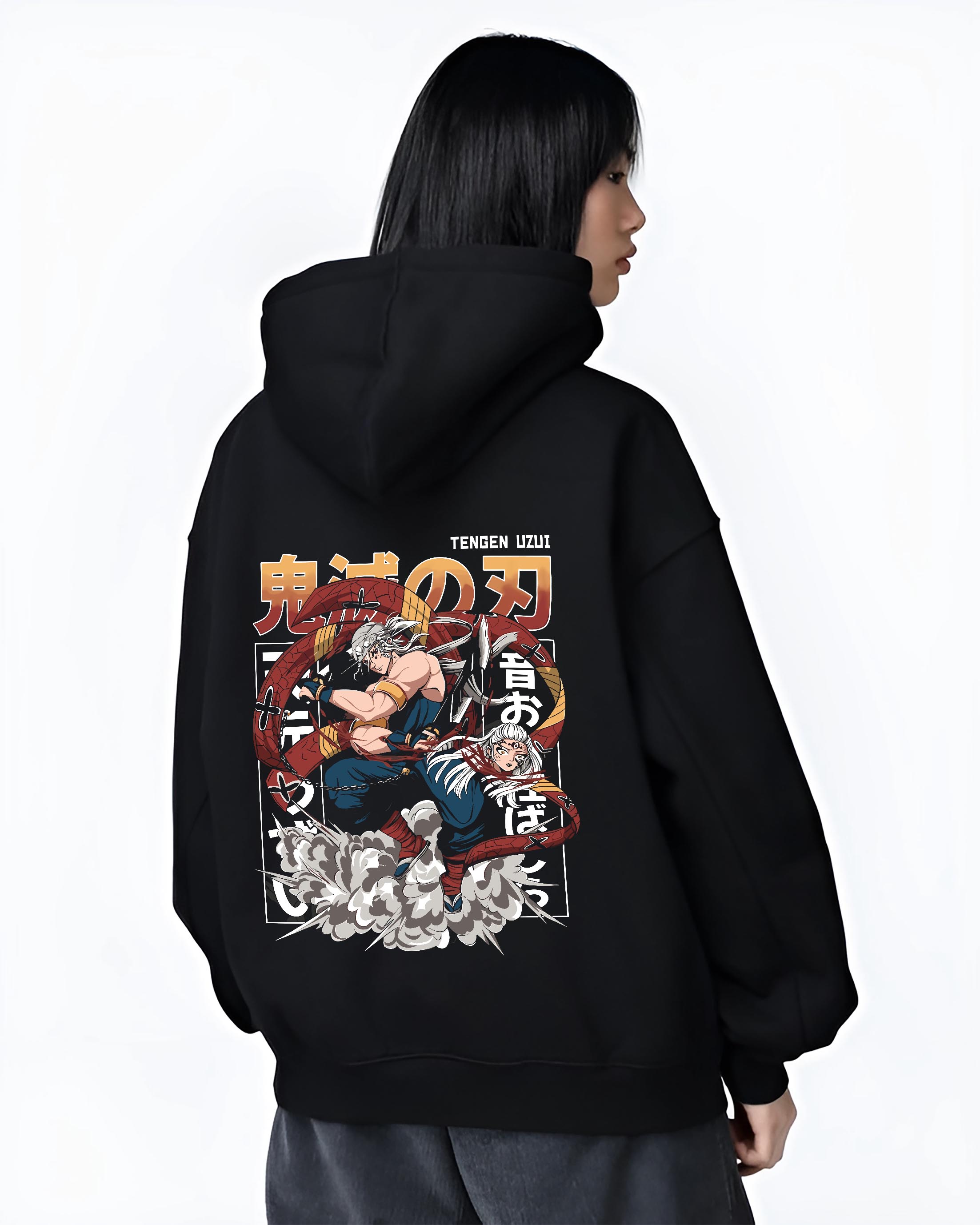 Black hoodie worn by a female model, back view, featuring Tengen Uzui retro streetwear graphic, spinning ribbons and shonen battle motion.