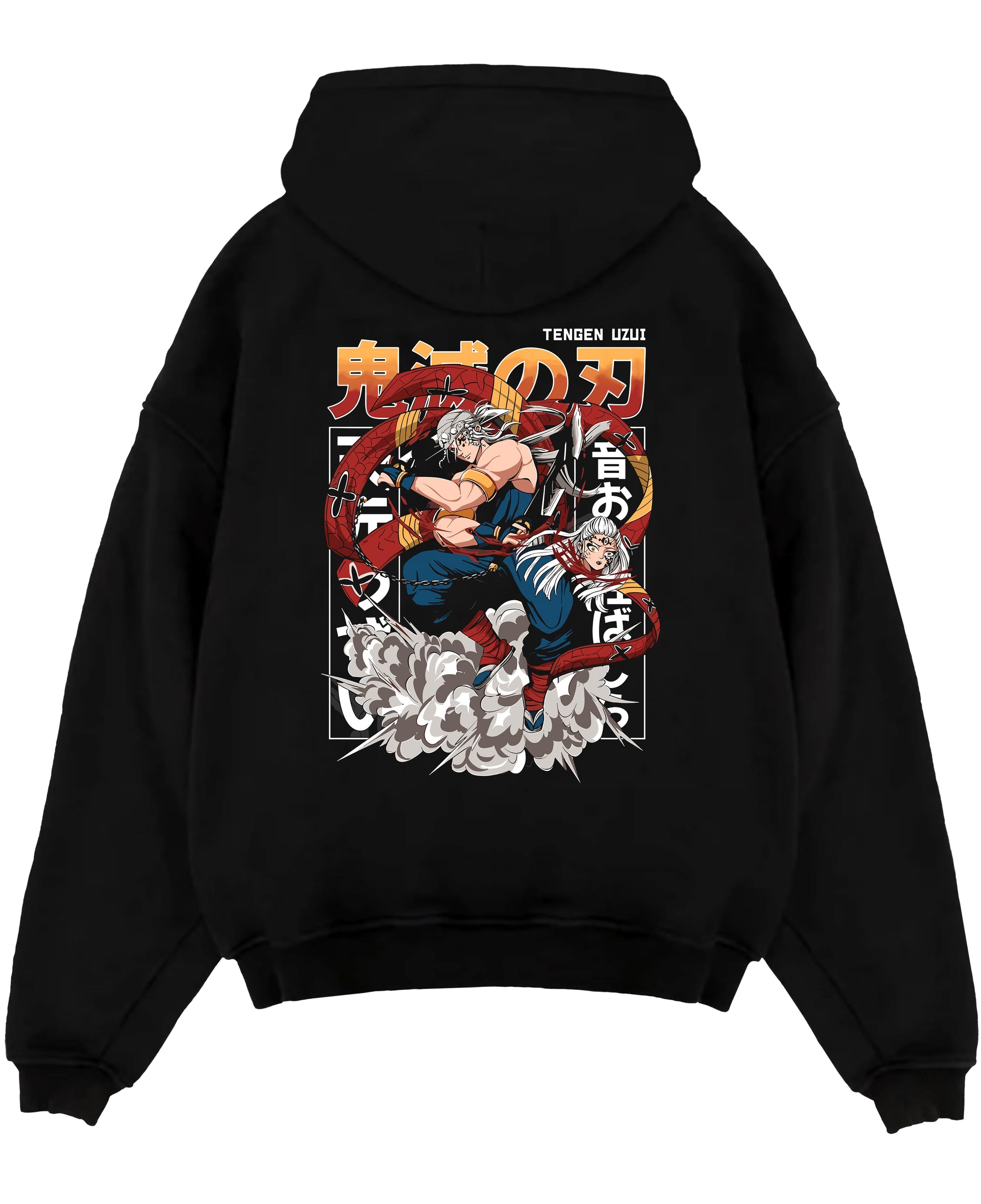 Black pullover hoodie laid flat, featuring Tengen Uzui twin-blade retro manga graphic with explosive motion and streetwear vibe.