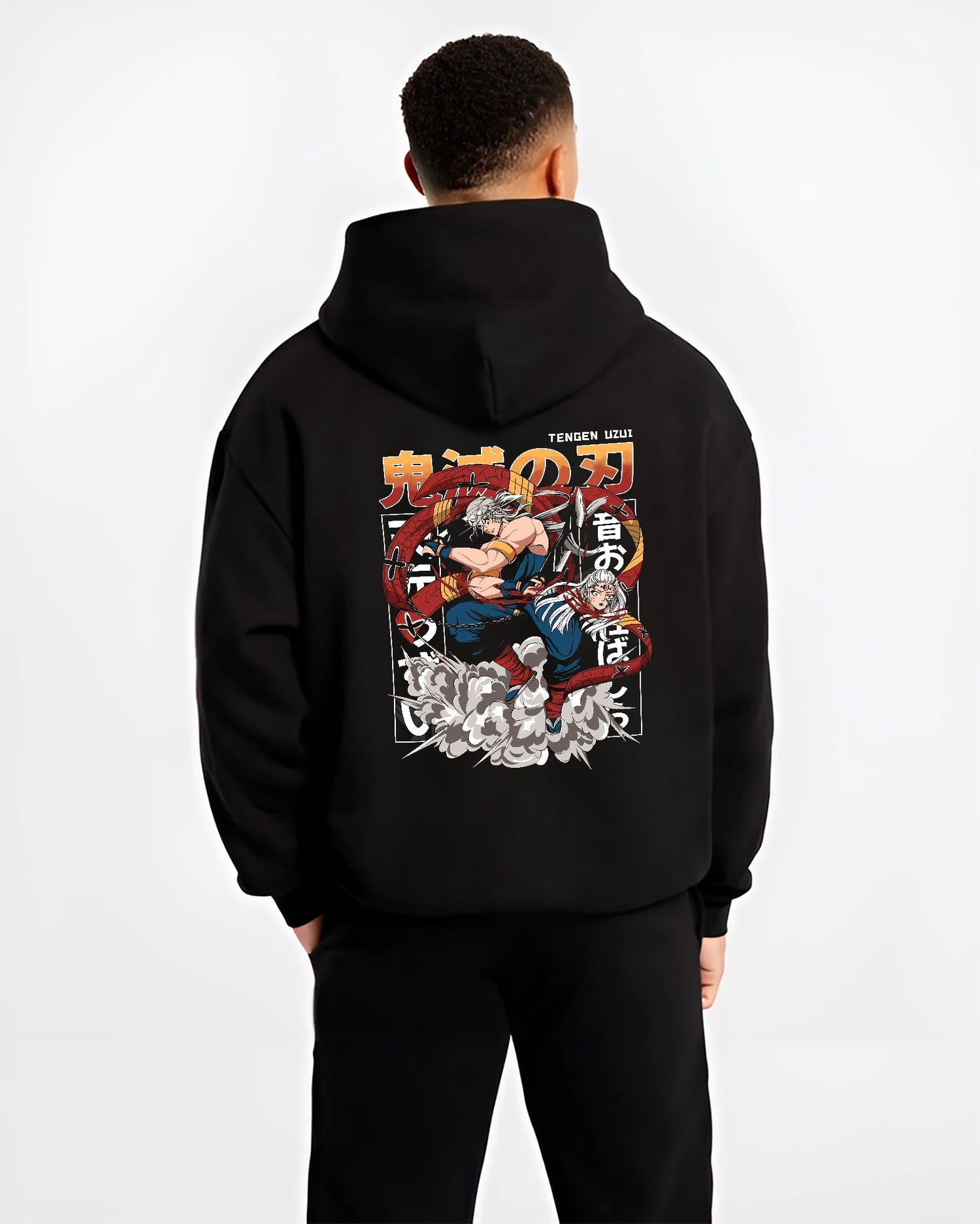 Black hoodie worn by a male model, back view, featuring Tengen Uzui anime poster design with swirling sashes, sparks, and dynamic action.