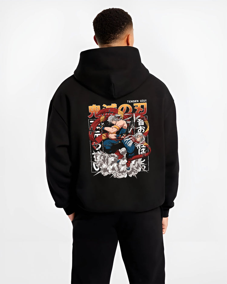Black hoodie worn by a male model, back view, featuring Tengen Uzui anime poster design with swirling sashes, sparks, and dynamic action.