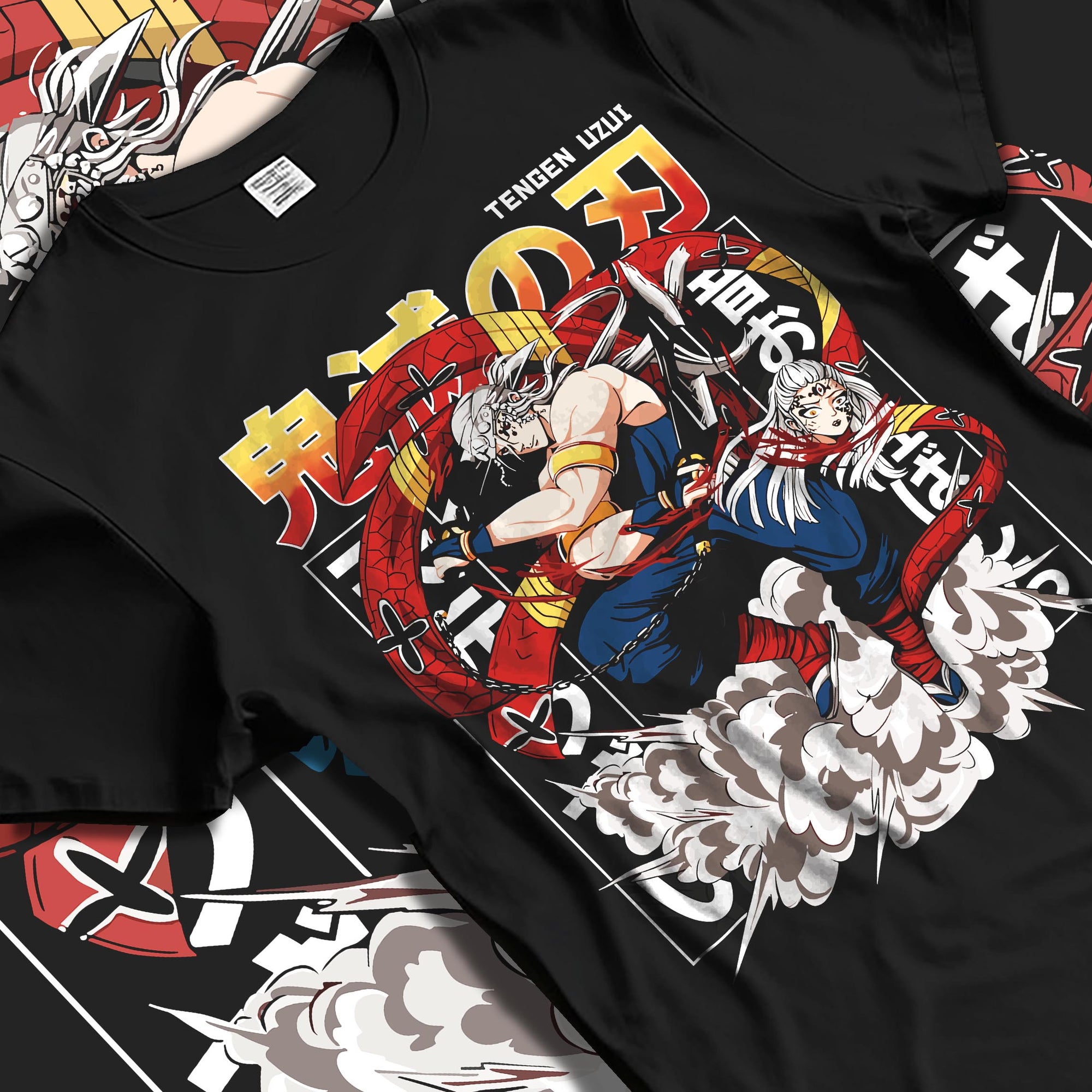 Black T-shirt laid flat with natural folds, featuring Tengen Uzui retro manga artwork, swirling sash effects and a striking combat pose.