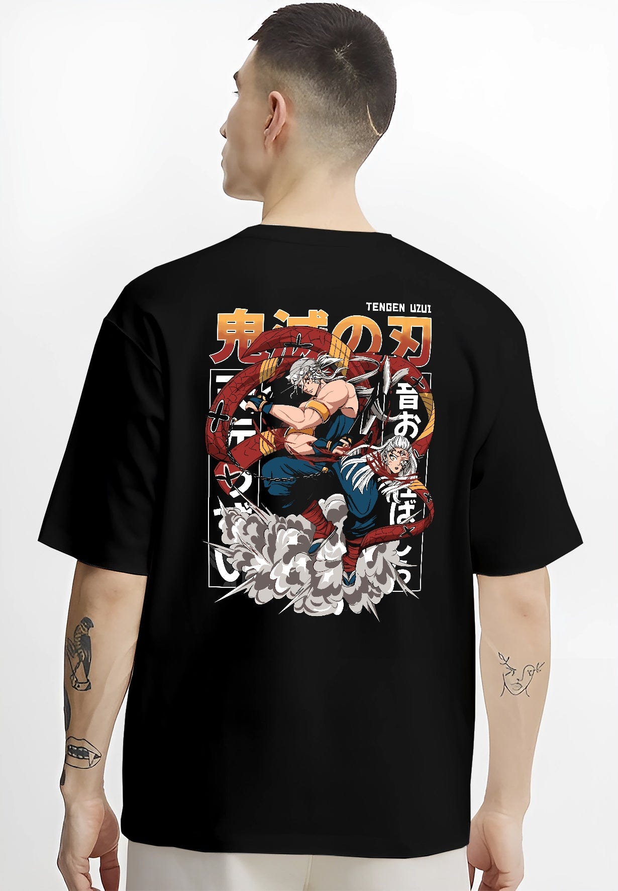 Black T-shirt worn by a male model, back view, featuring Tengen Uzui fighting game inspired graphic with smoke plumes and twin blades.