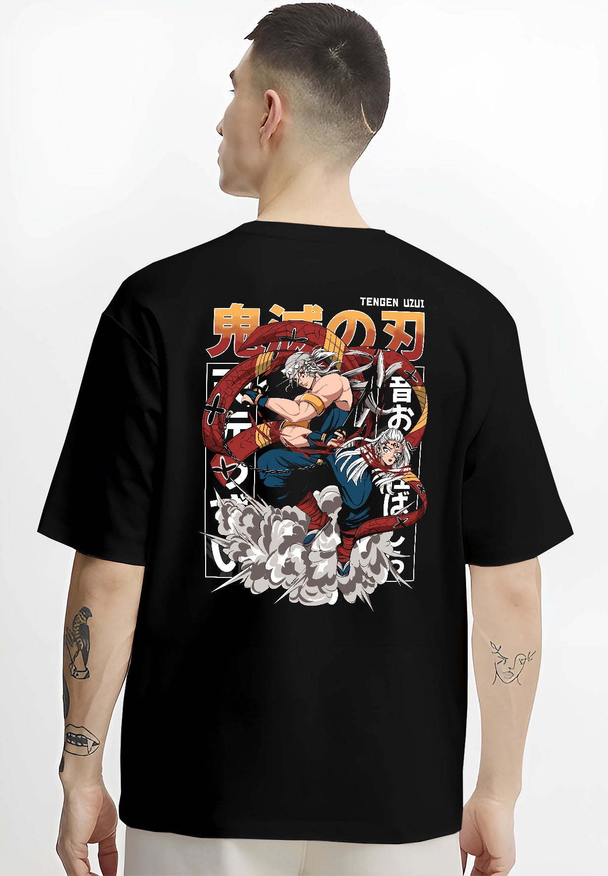Black T-shirt worn by a male model, back view, featuring Tengen Uzui fighting game inspired graphic with smoke plumes and twin blades.