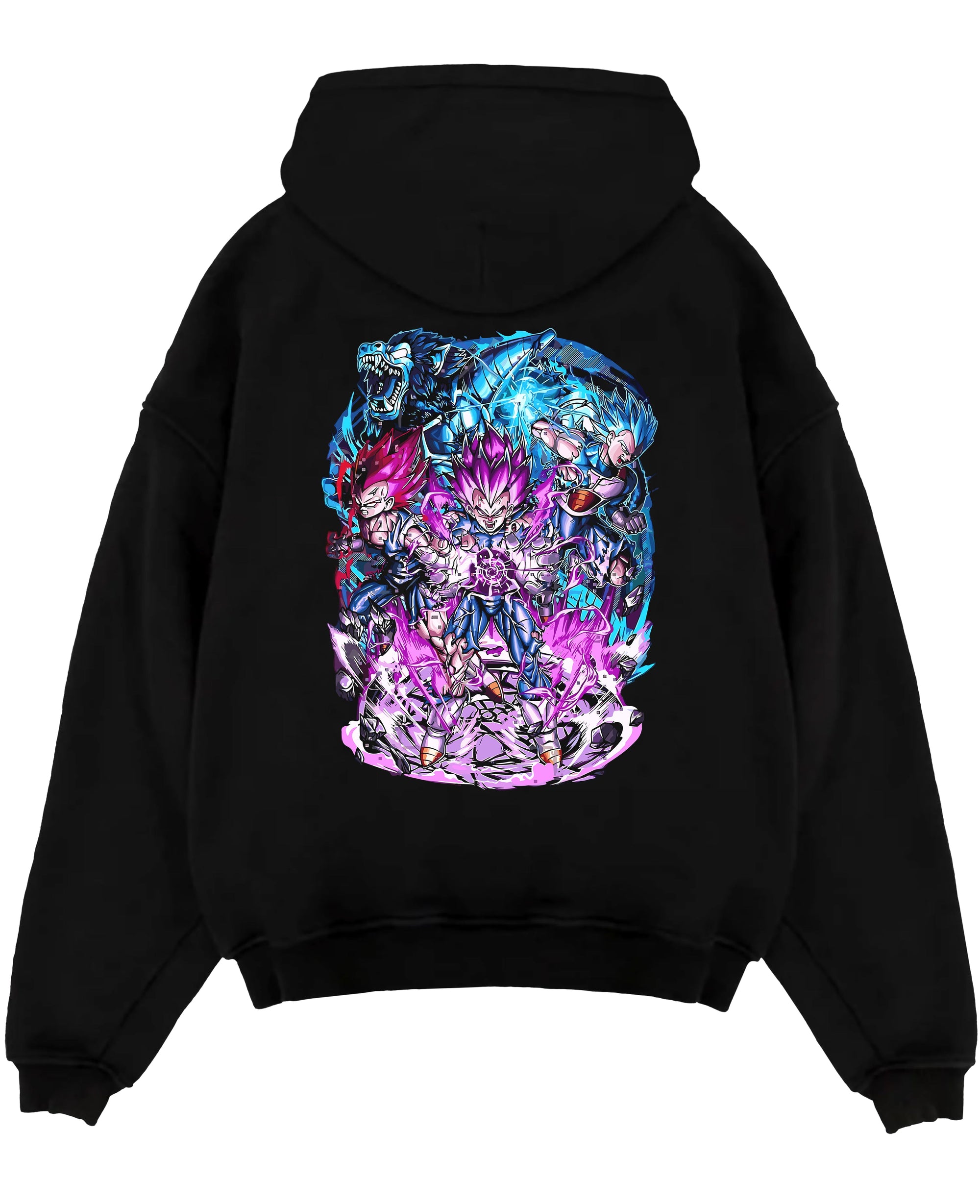 Black pullover hoodie laid flat on a white background, featuring Vegeta Dragon Ball anime poster inspired design with glowing purple aura and shonen battle power.