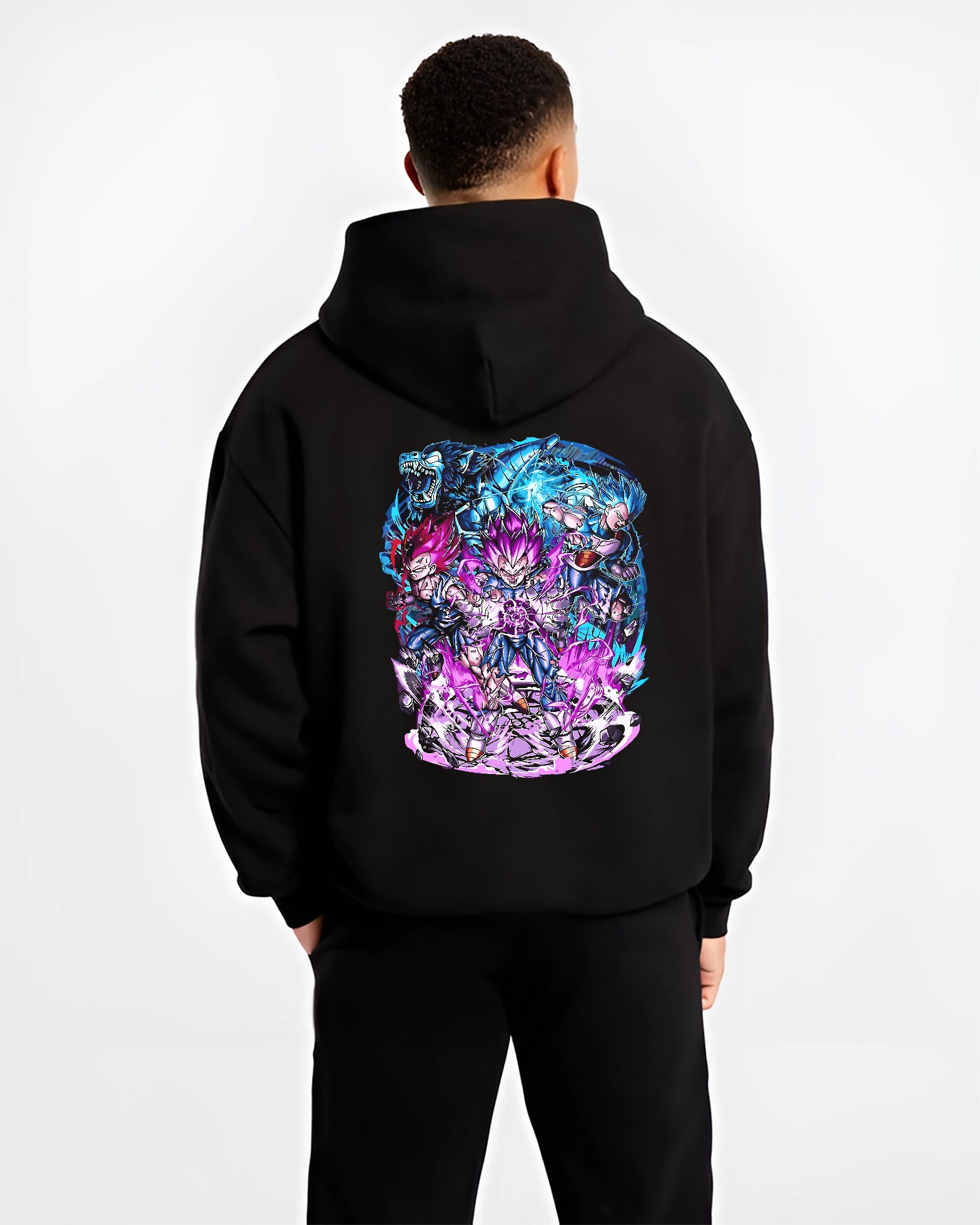 Black hoodie worn by a male model, back view, featuring Vegeta Dragon Ball retro manga graphic with energy-charged stance and Japanese animation streetwear detail.