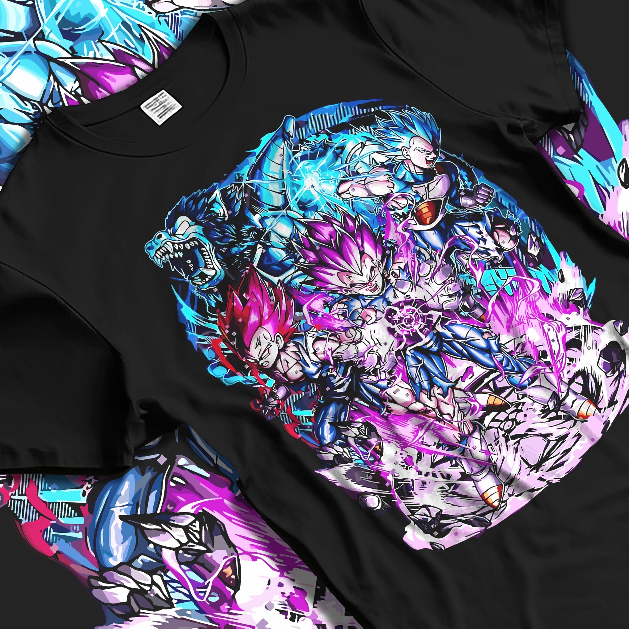 Black T-shirt laid flat with natural fabric folds, featuring Vegeta Dragon Ball anime poster inspired design showing vibrant purple energy waves in retro manga style.