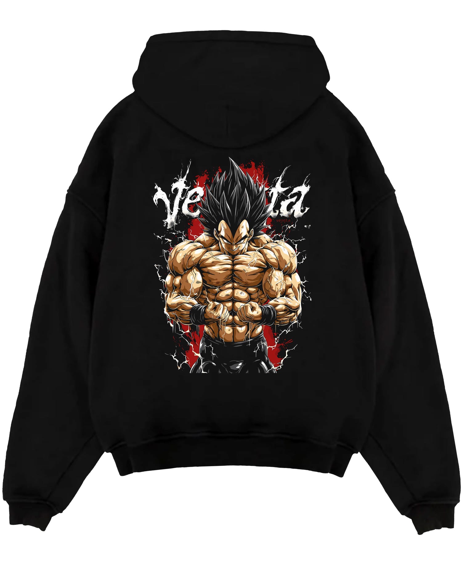 Black pullover hoodie laid flat on a white background, featuring Vegeta Dragon Ball Z anime poster inspired design with intense shonen battle artwork in red and white tones.