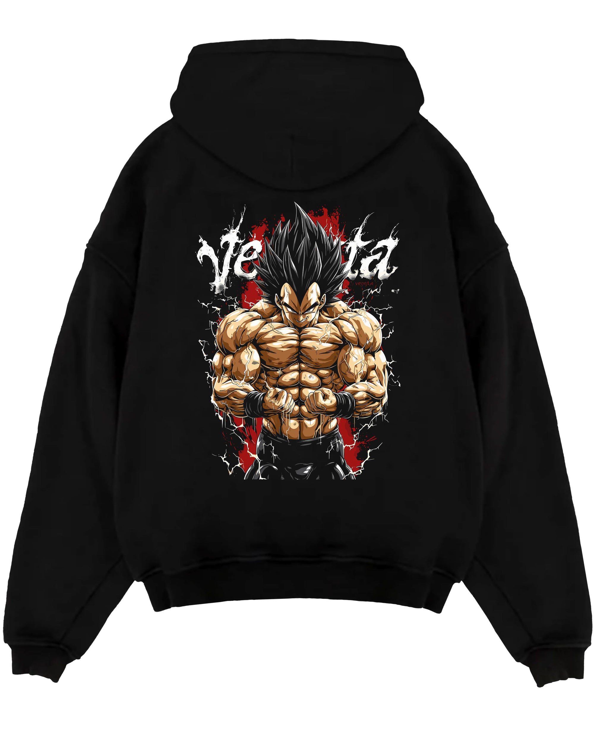 Black pullover hoodie laid flat on a white background, featuring Vegeta Dragon Ball Z anime poster inspired design with intense shonen battle artwork in red and white tones.