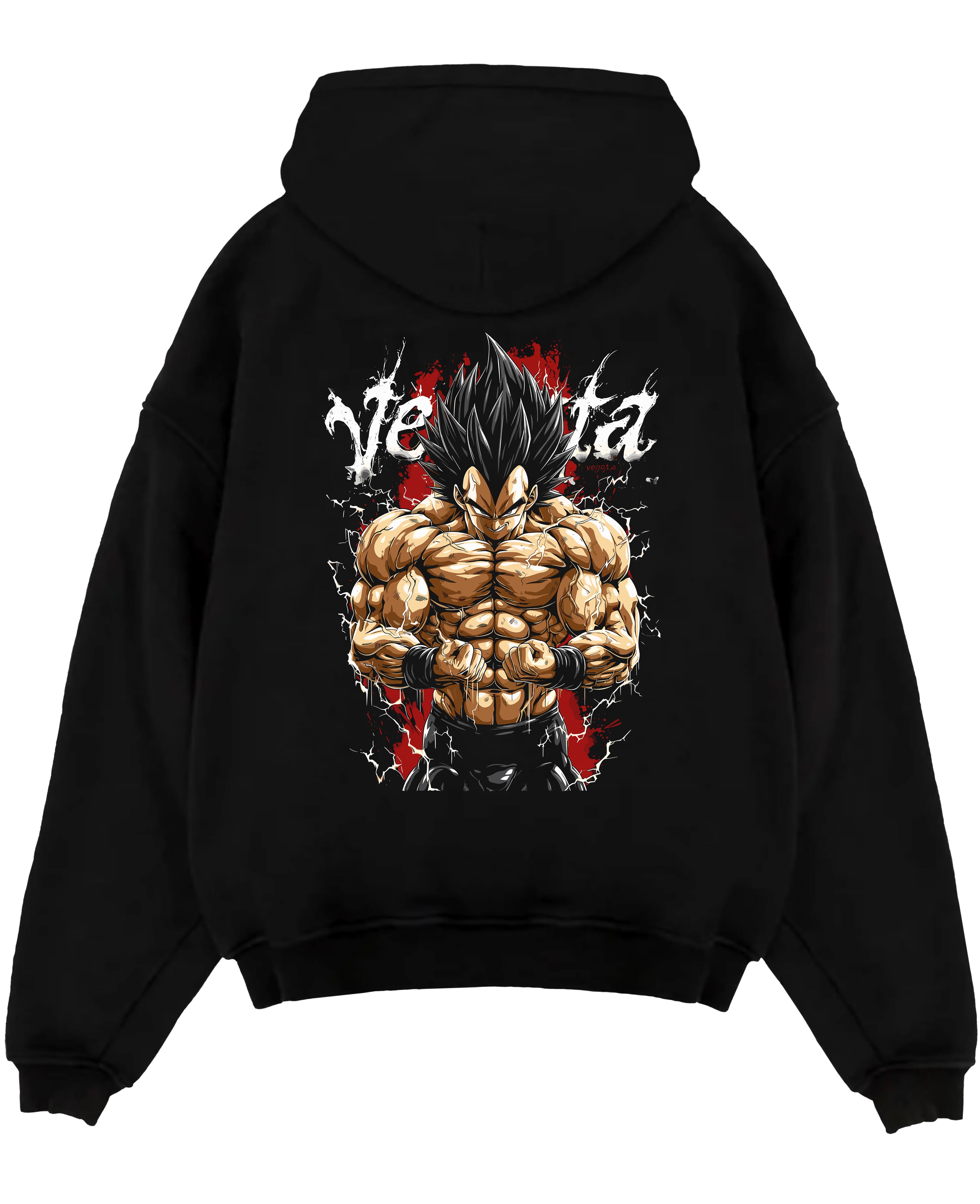 Black pullover hoodie laid flat on a white background, featuring Vegeta Dragon Ball Z anime poster inspired design with intense shonen battle artwork in red and white tones.