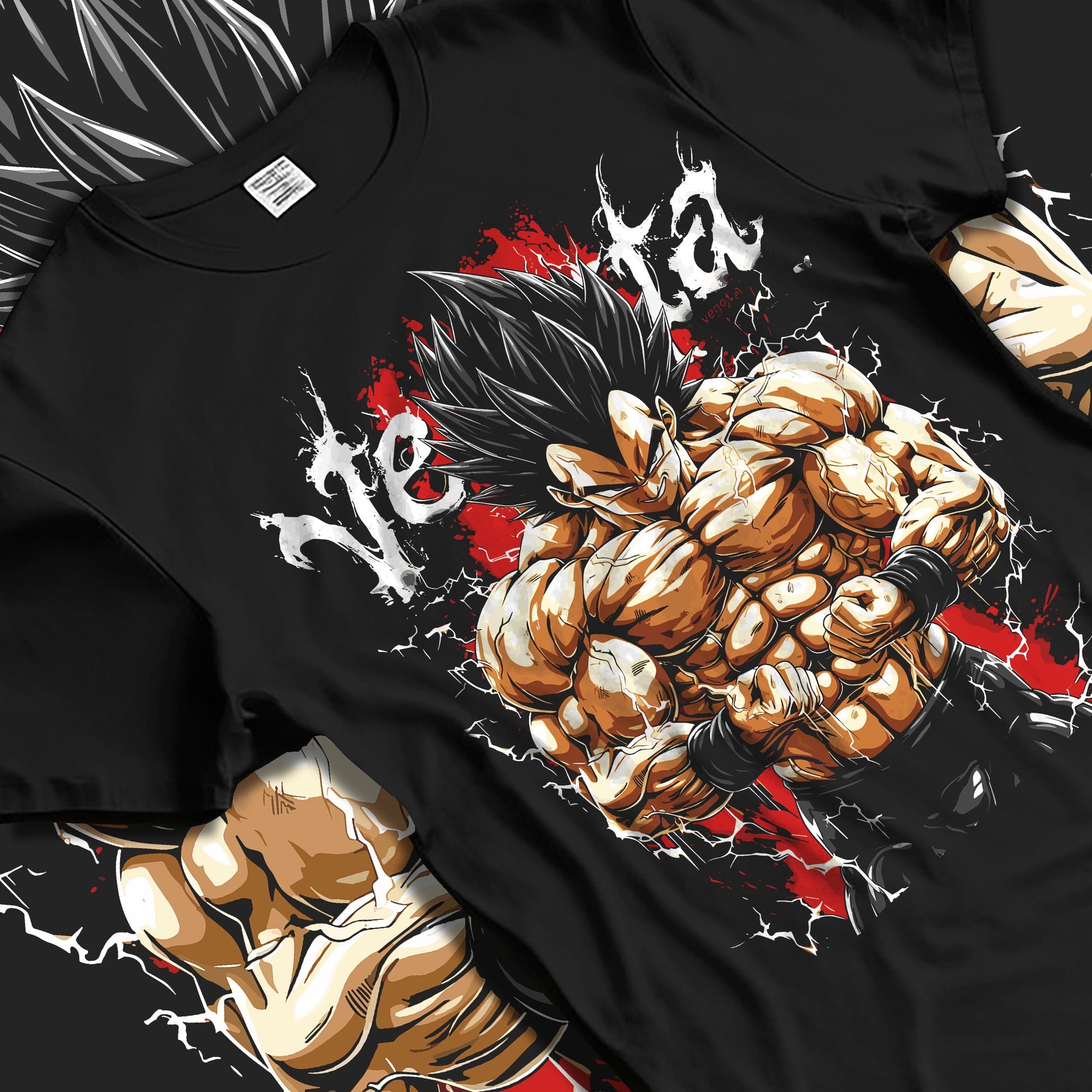 Black T-shirt laid flat with natural fabric folds, featuring Vegeta Dragon Ball Z retro manga artwork in shonen battle style with fierce anime poster-inspired design.