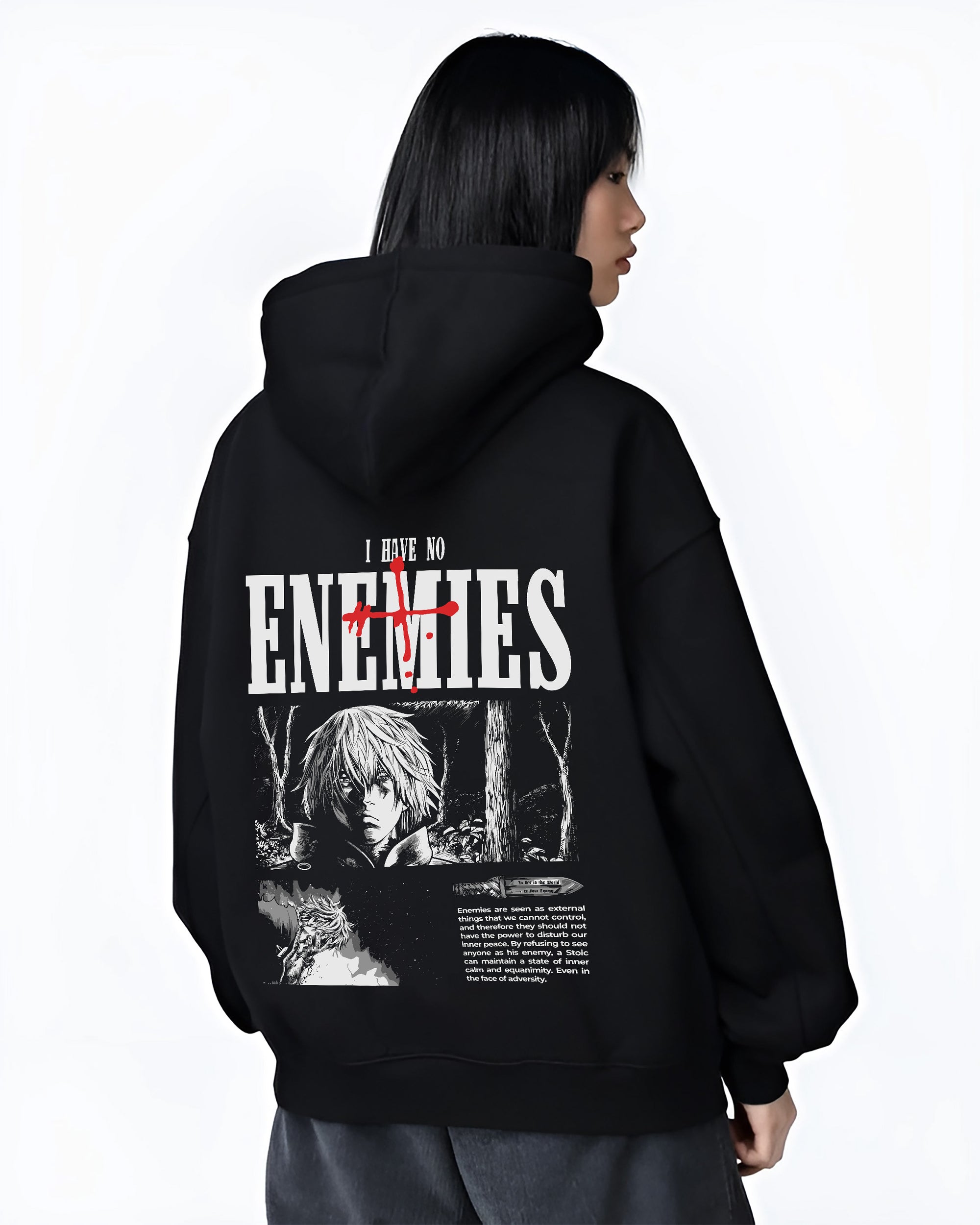 Black hoodie on female model, back view, Vinland Saga Thorfinn dark manga panel artwork with ENEMIES headline.