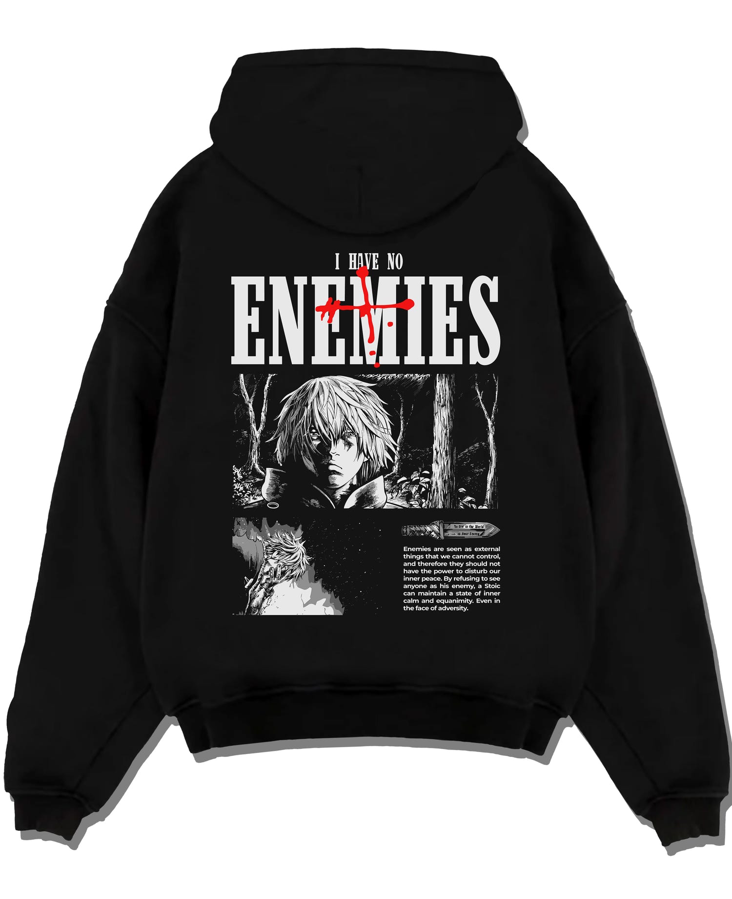 Black pullover hoodie laid flat, featuring Vinland Saga Thorfinn dark manga panels and “I Have No Enemies” headline.