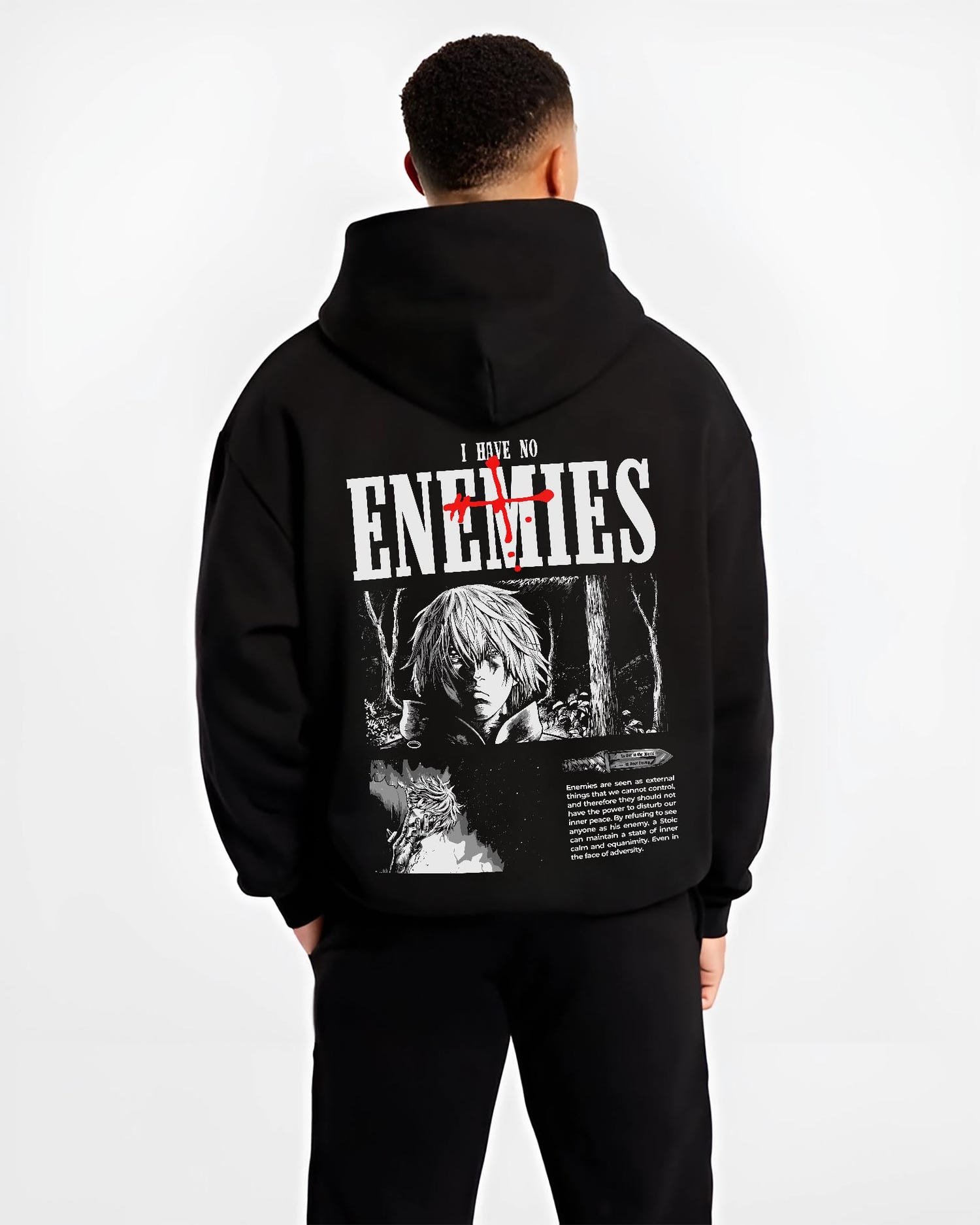 Black hoodie on male model, back view, Vinland Saga Thorfinn neo-noir panel design with “I Have No Enemies” text.