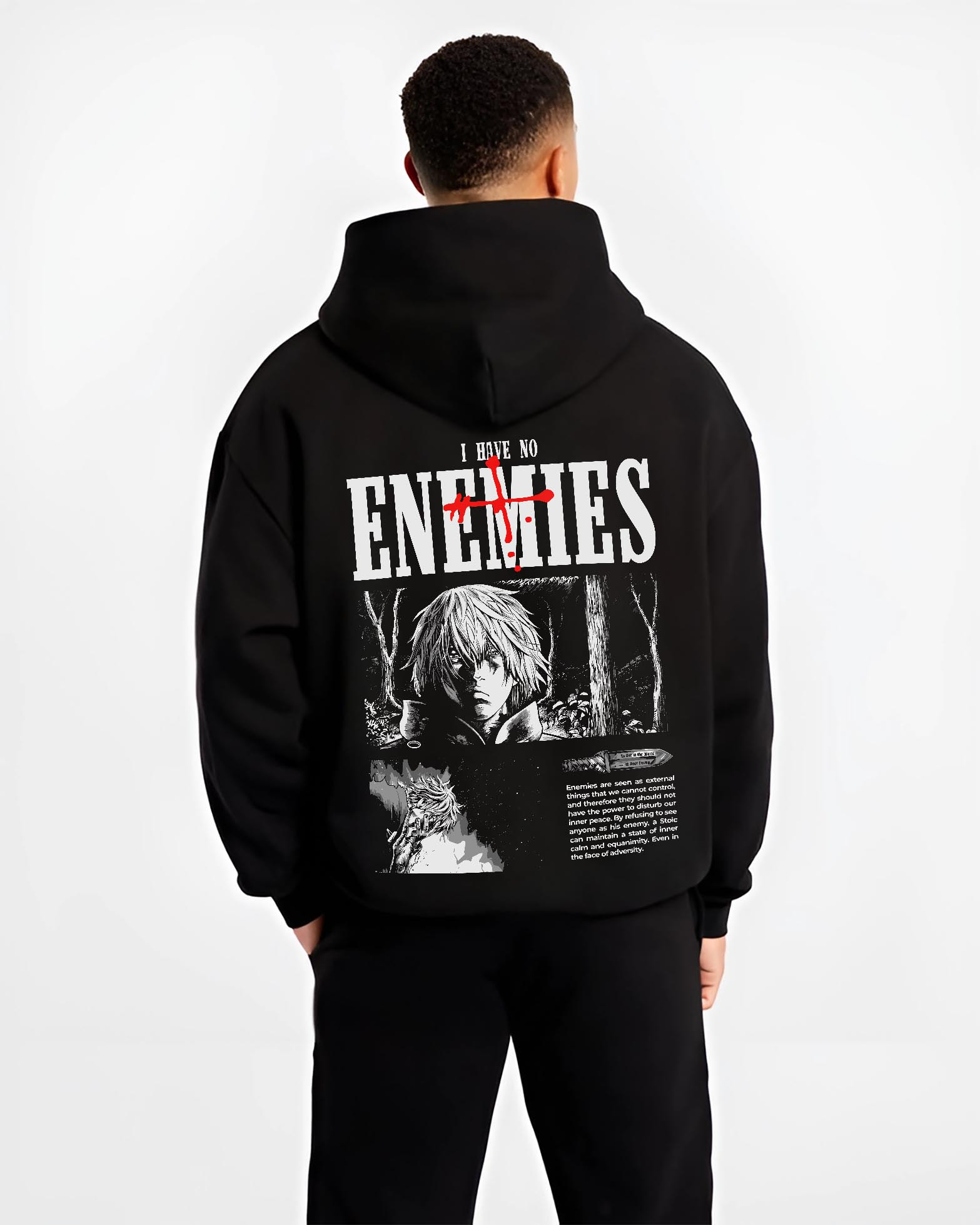 Black hoodie on male model, back view, Vinland Saga Thorfinn neo-noir panel design with “I Have No Enemies” text.