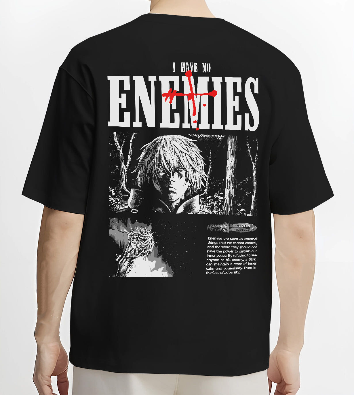 Black T-shirt on male model, back view, Vinland Saga Thorfinn retro manga poster with ENEMIES title and blood accents.