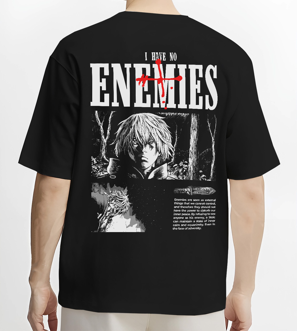 Black T-shirt on male model, back view, Vinland Saga Thorfinn retro manga poster with ENEMIES title and blood accents.