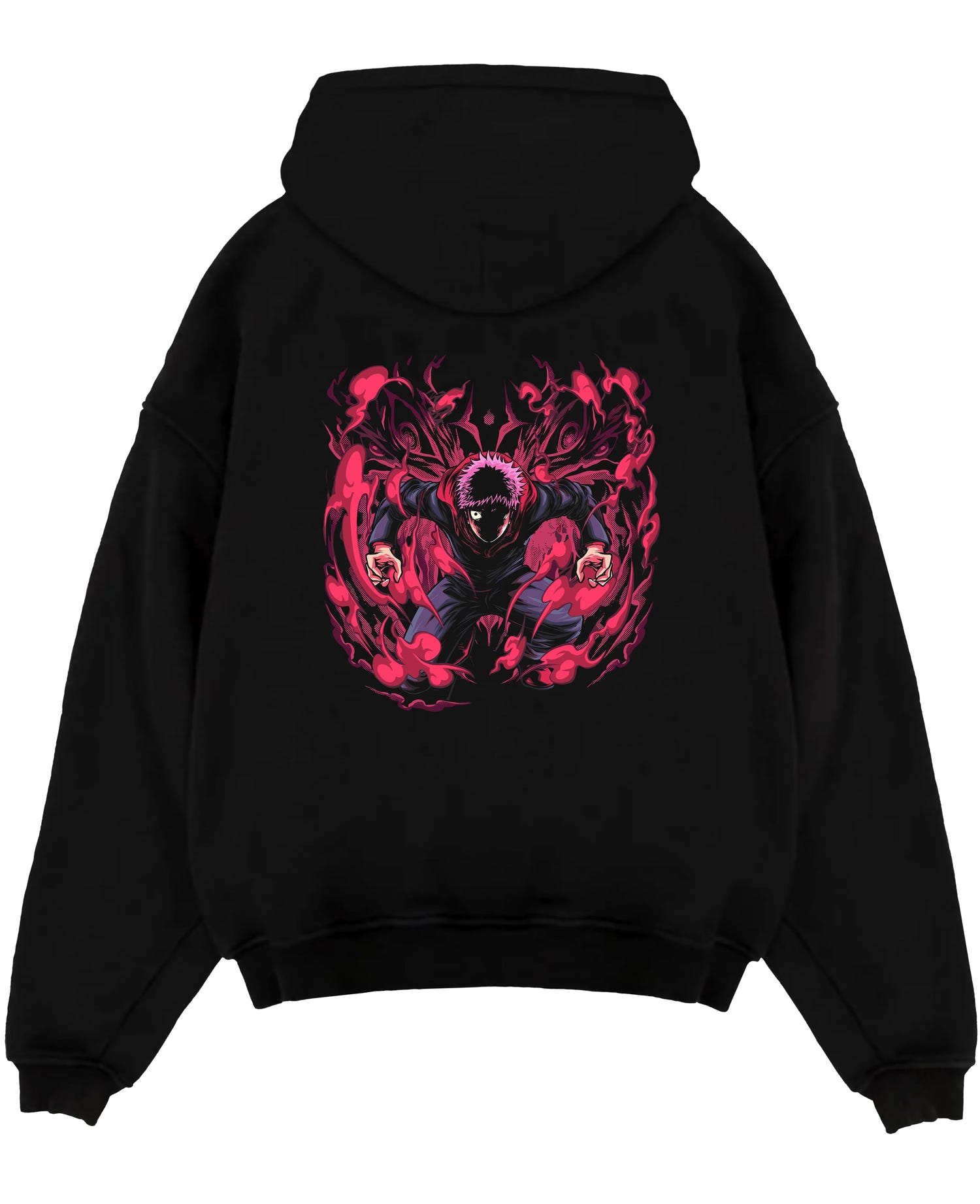 Black pullover hoodie laid flat on white, featuring Yuji Itadori Jujutsu Kaisen dark manga graphic with red cursed energy aura.