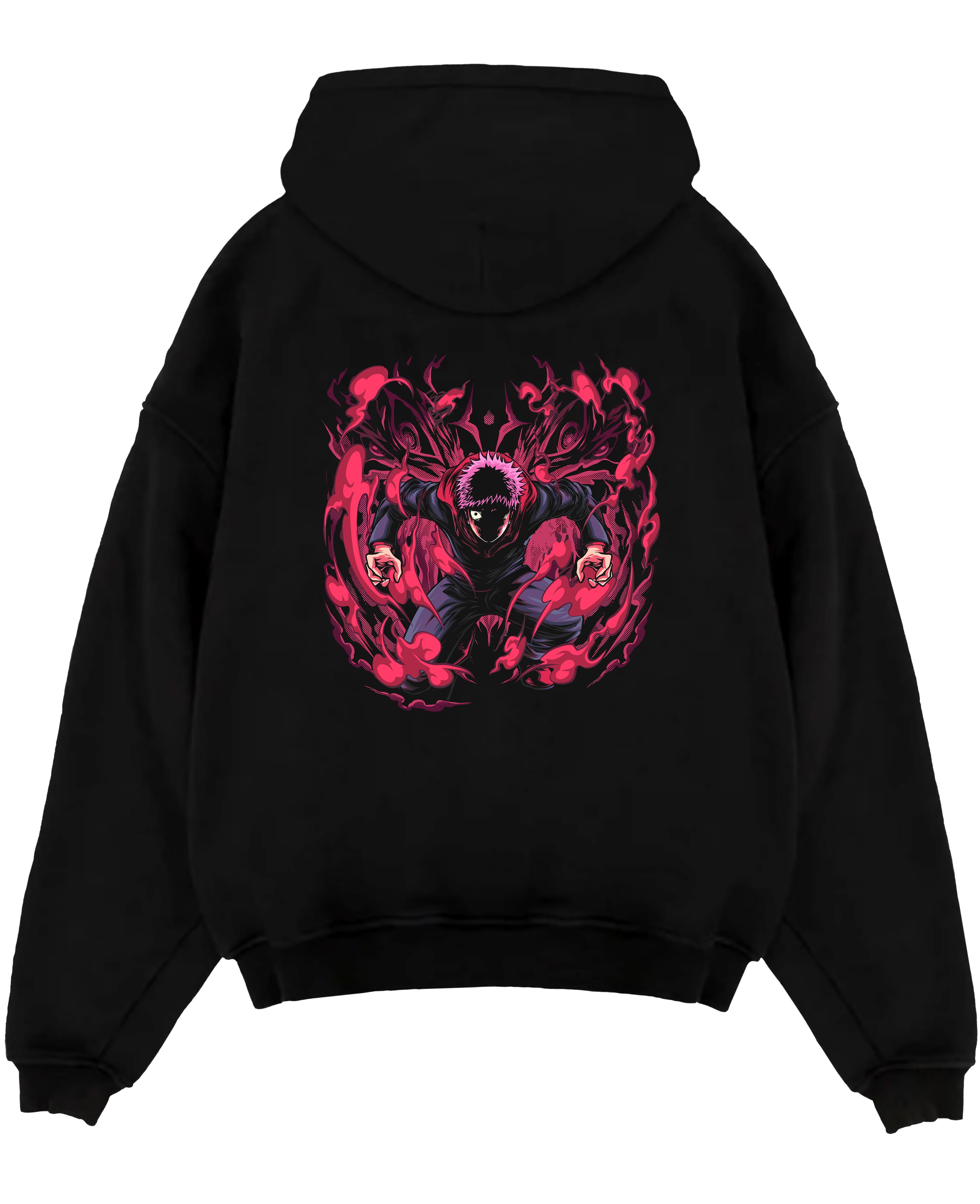 Black pullover hoodie laid flat on white, featuring Yuji Itadori Jujutsu Kaisen dark manga graphic with red cursed energy aura.
