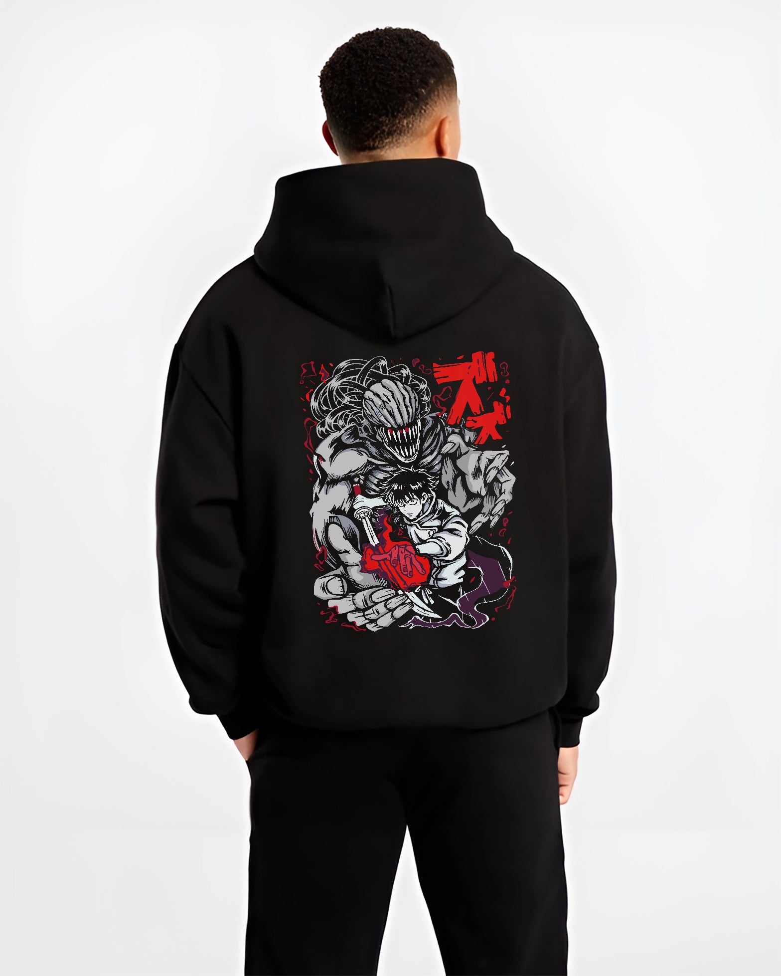 Black hoodie on male model, back view, showing Yuta Okkotsu and Rika dark manga poster graphic with red highlights.