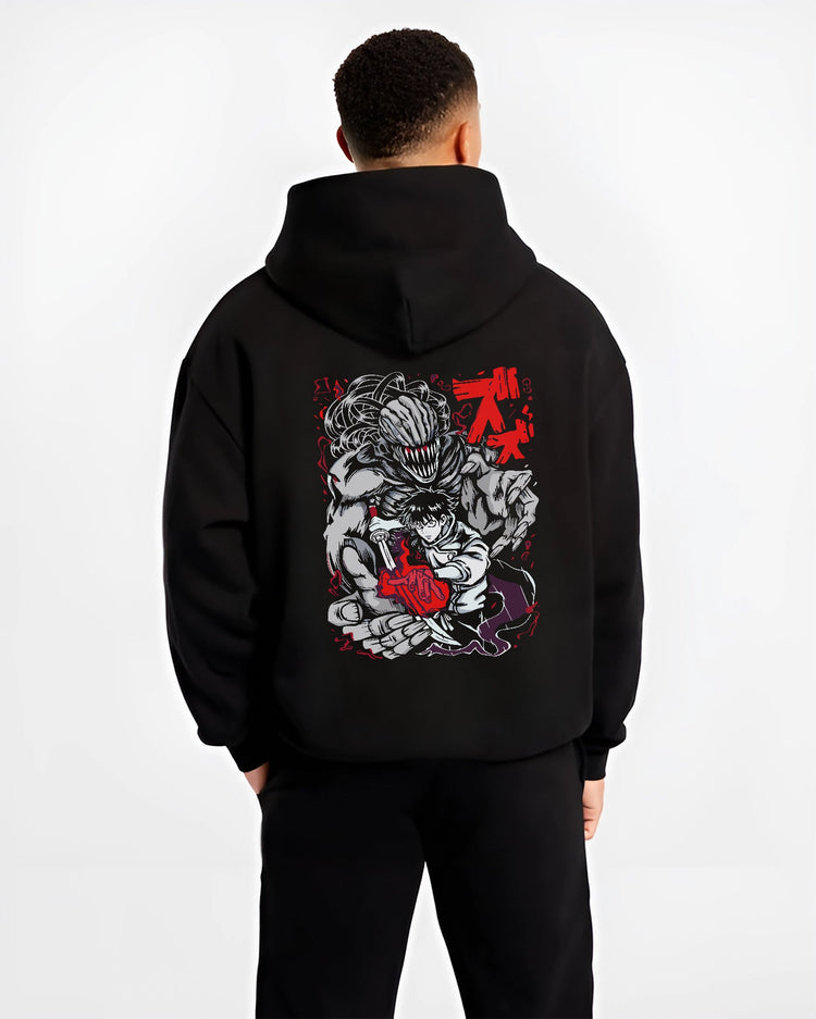 Black hoodie on male model, back view, showing Yuta Okkotsu and Rika dark manga poster graphic with red highlights.