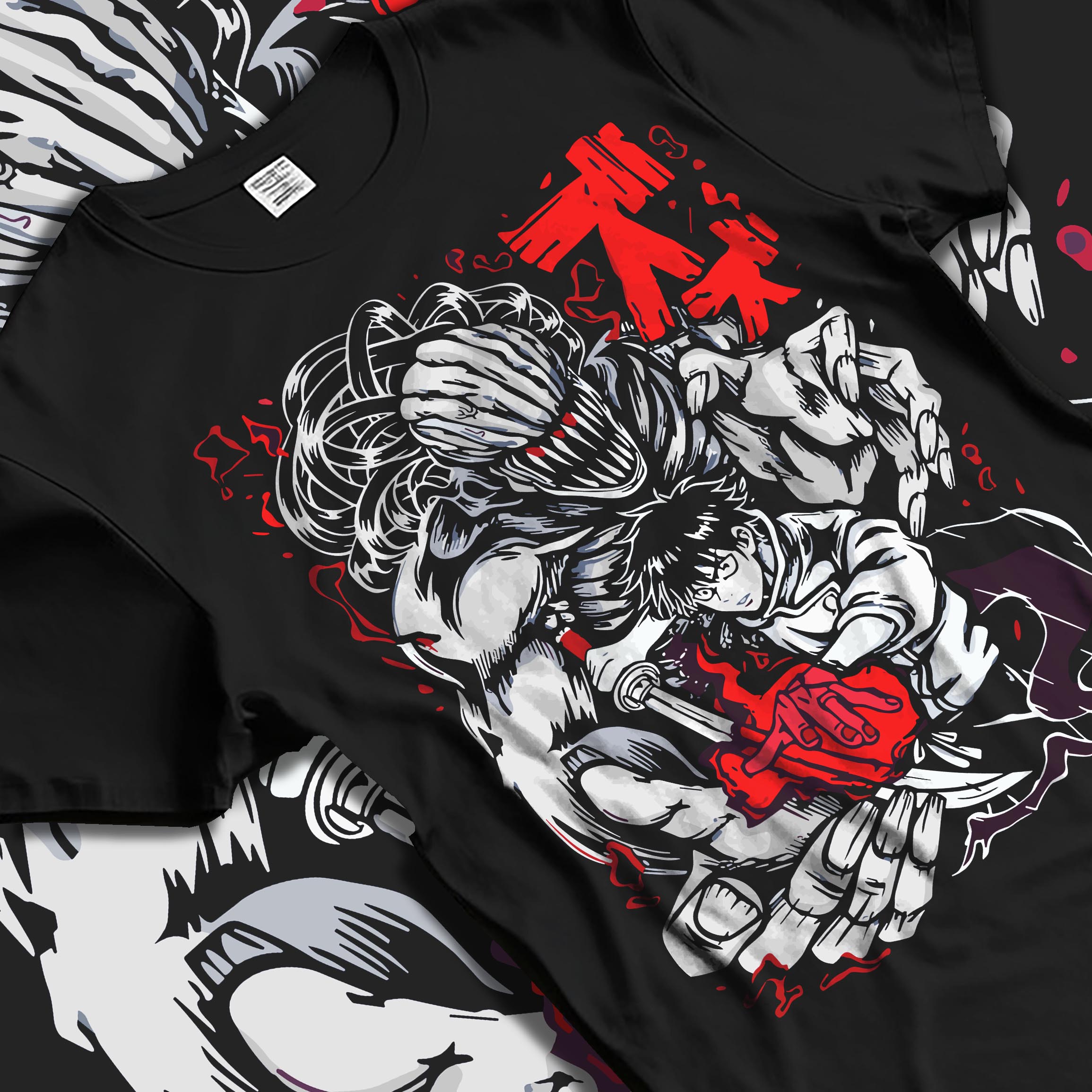 Black T-shirt laid flat with soft folds, featuring Yuta Okkotsu and Rika dark manga graphic with striking red accents.