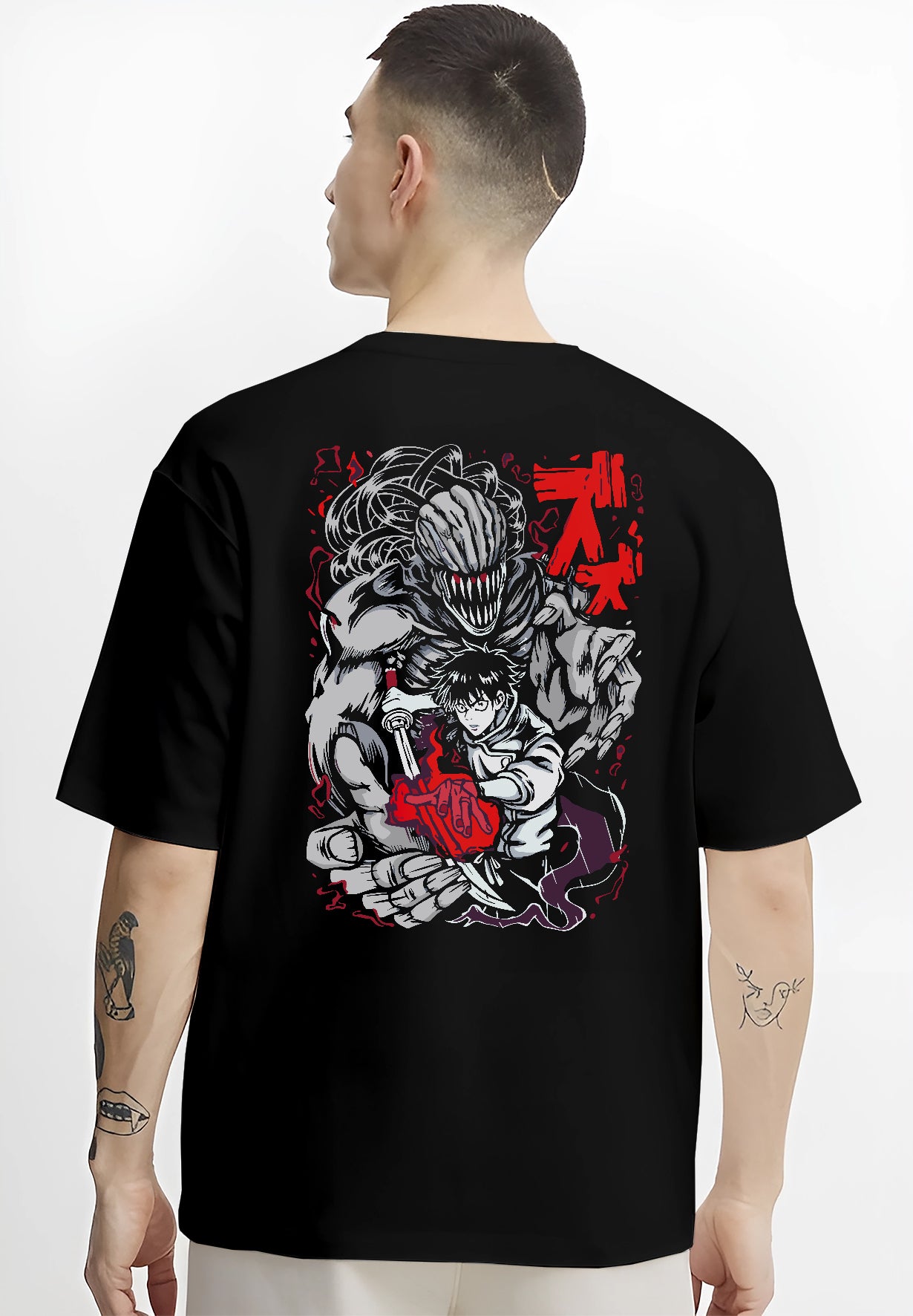 Black T-shirt on male model, back view, Yuta Okkotsu and Rika retro manga artwork with sword and red aura details.