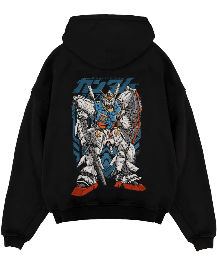 Black pullover hoodie laid flat on a white background, featuring Zeta Gundam retro mecha anime poster inspired design with detailed manga panel styled artwork