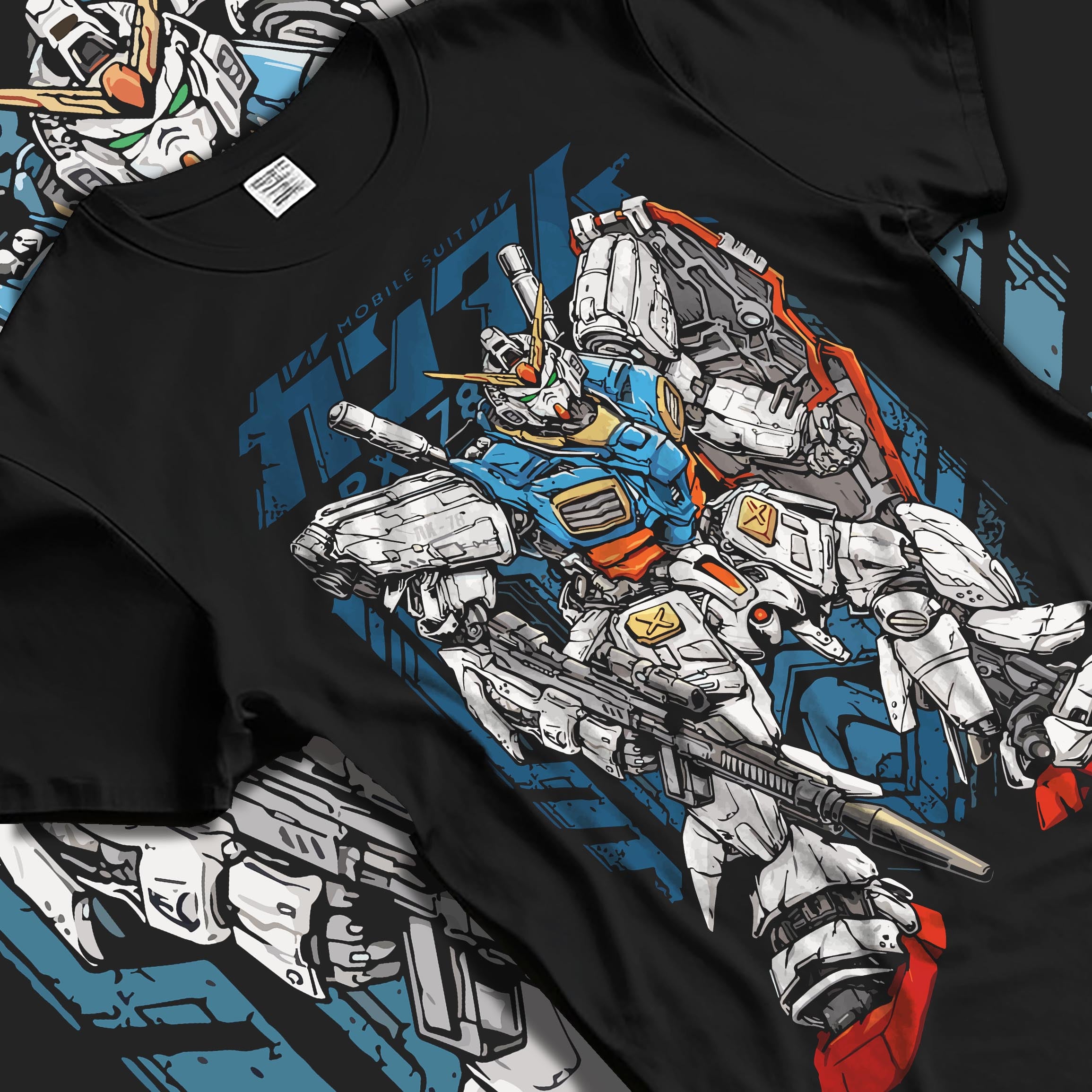 Black T-shirt laid flat with natural fabric folds, featuring Zeta Gundam retro manga anime poster inspired mecha artwork with nostalgic Japanese animation streetwear style