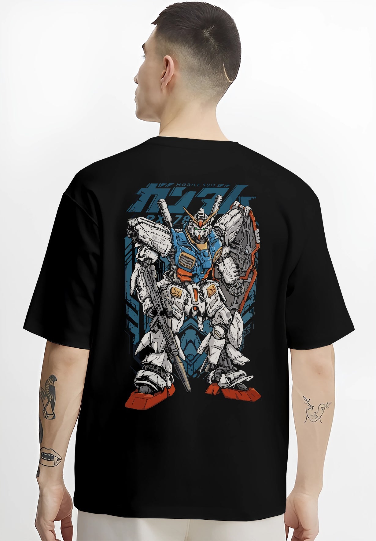 Black T-shirt worn by a male model, back view, featuring Zeta Gundam retro anime mecha graphic with detailed nostalgic manga panel inspired poster artwork
