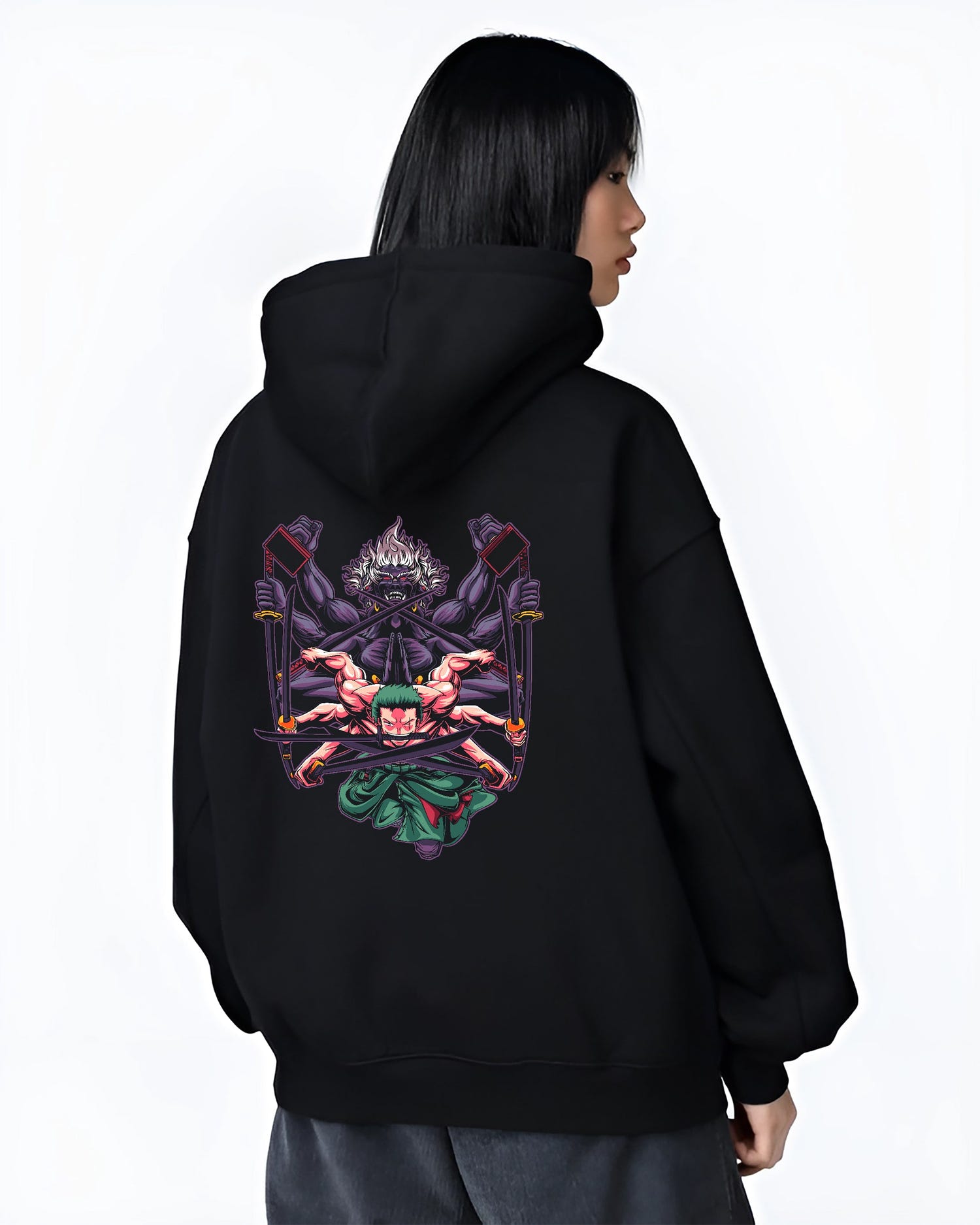 Black hoodie worn by a female model, back view, featuring Zoro One Piece anime poster inspired artwork with powerful three-sword stance in urban fashion back design.
