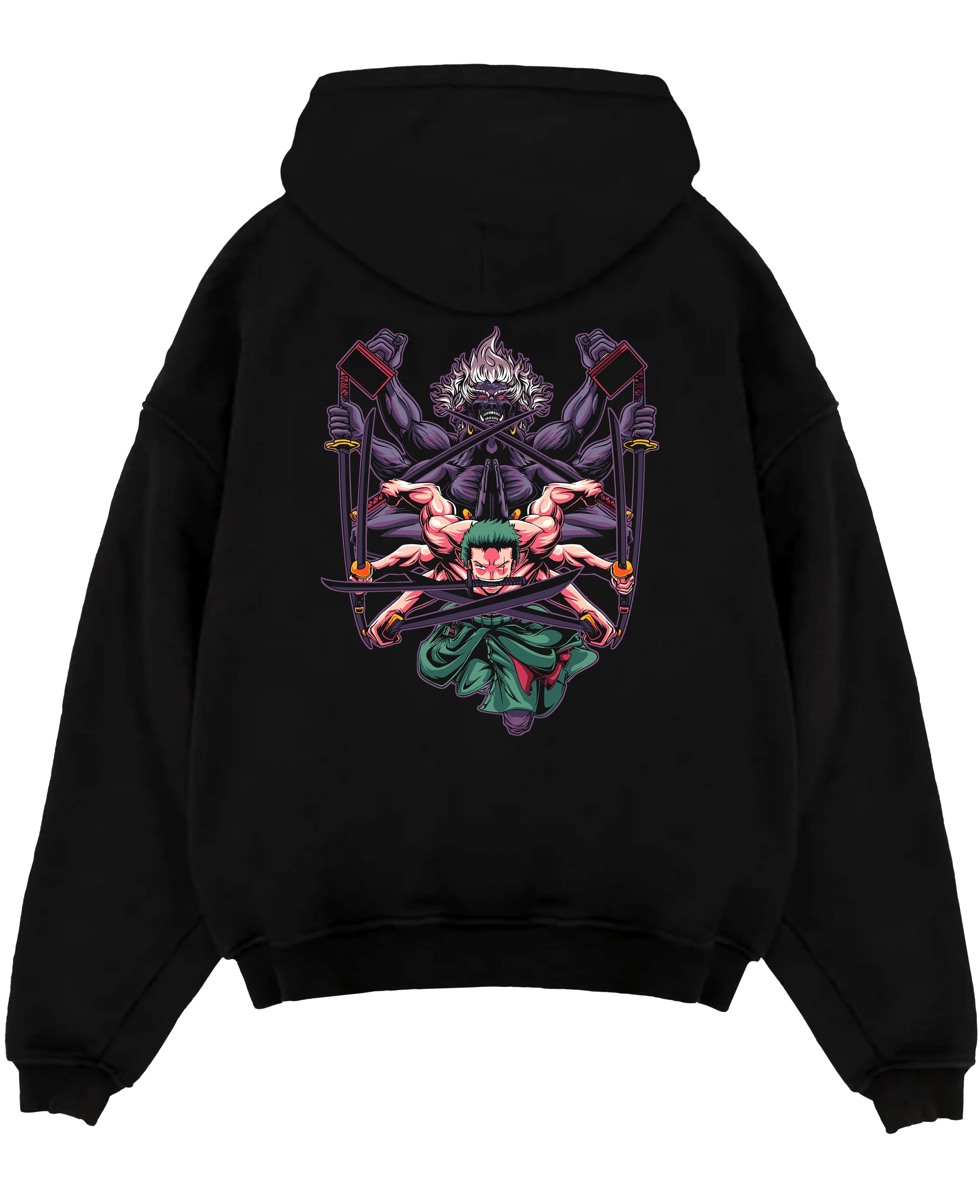 Black pullover hoodie laid flat on a white background, featuring Zoro One Piece anime poster inspired artwork with three-sword style in retro manga battle design.