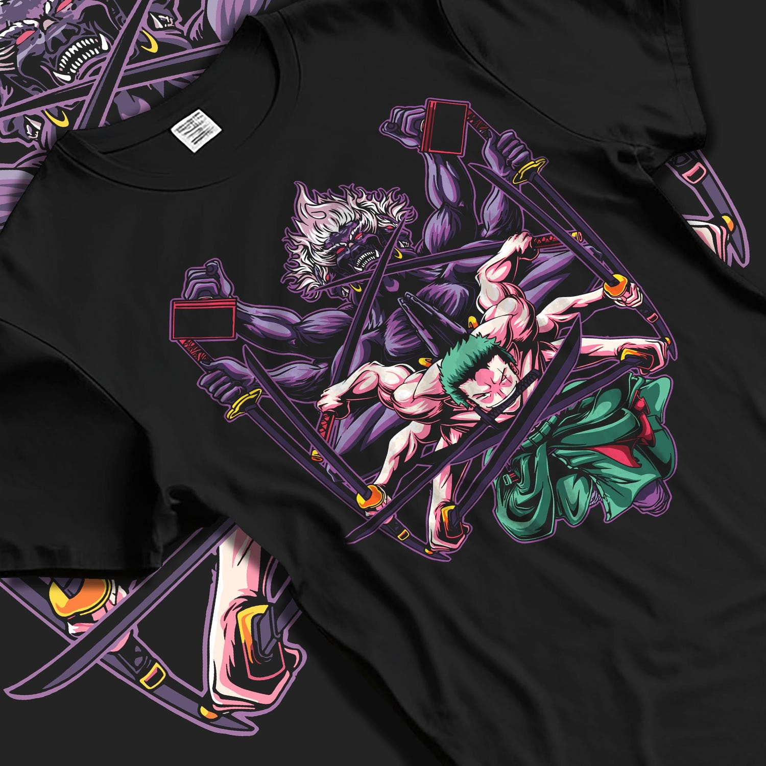 Black T-shirt laid flat with natural fabric folds, featuring Zoro One Piece retro manga inspired artwork with intense three-sword aura in Japanese animation streetwear.