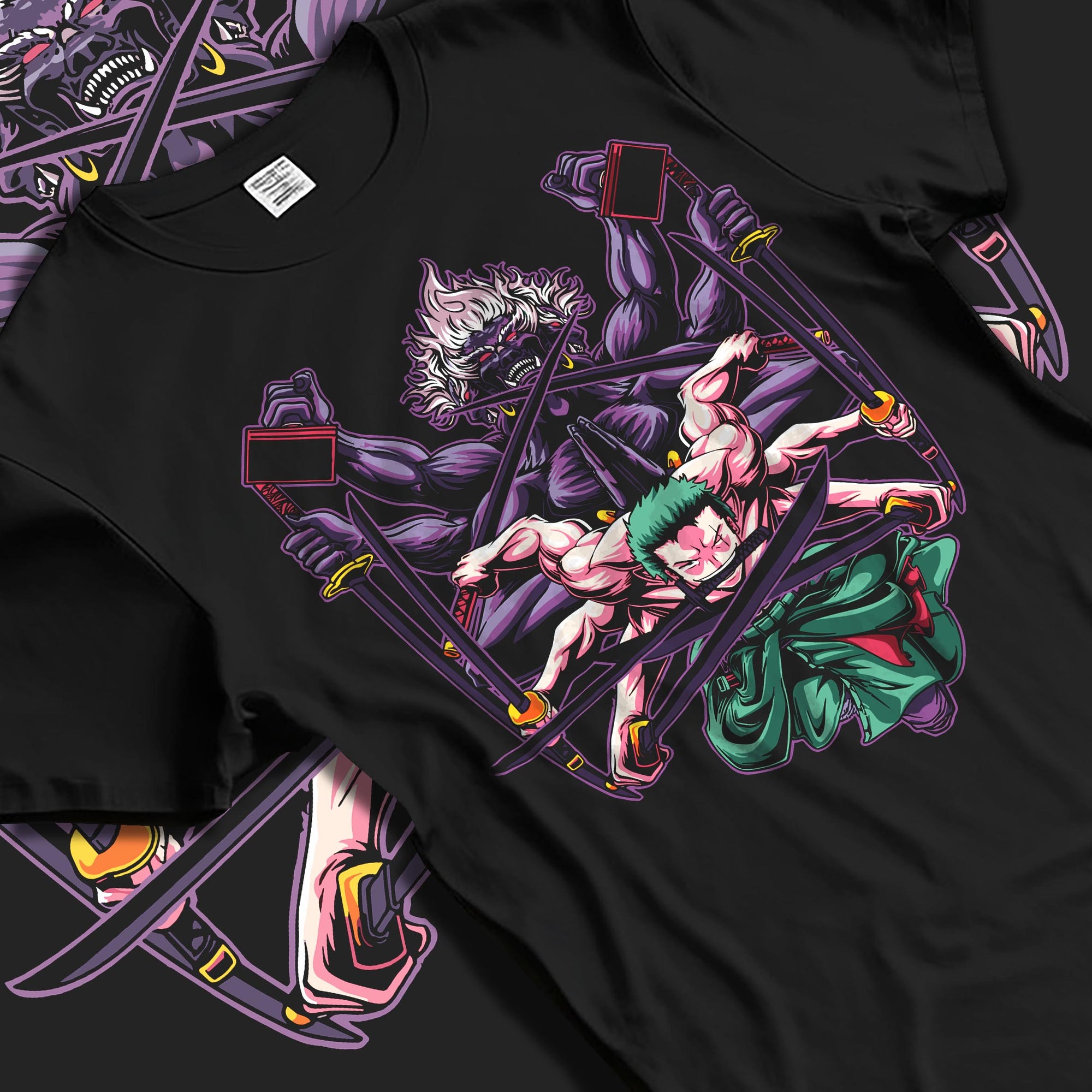 Black T-shirt laid flat with natural fabric folds, featuring Zoro One Piece retro manga inspired artwork with intense three-sword aura in Japanese animation streetwear.